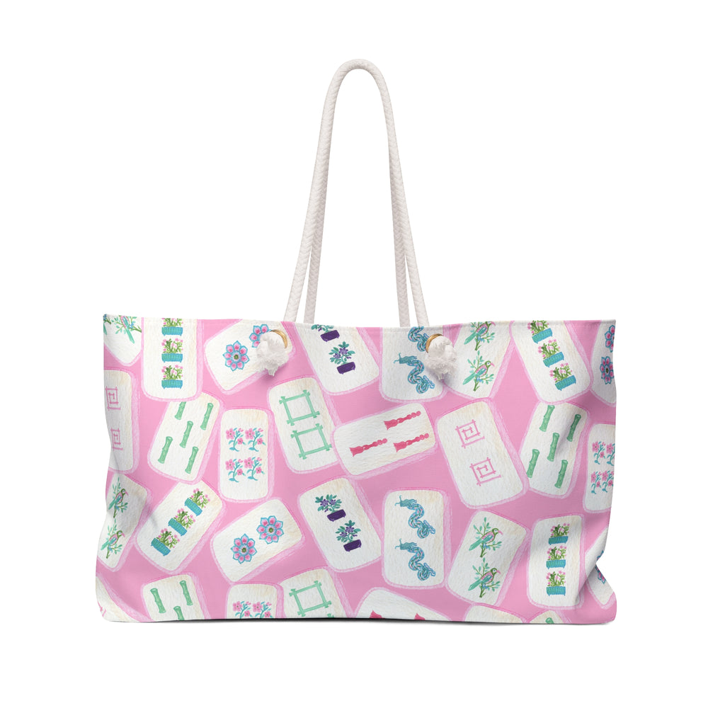 Mahjong Pink Weekender Bag Tote, Tile Game Preppy Beach Bag, Large Travel Duffel Purse, Overnight Carry-On, Shoulder Handbag