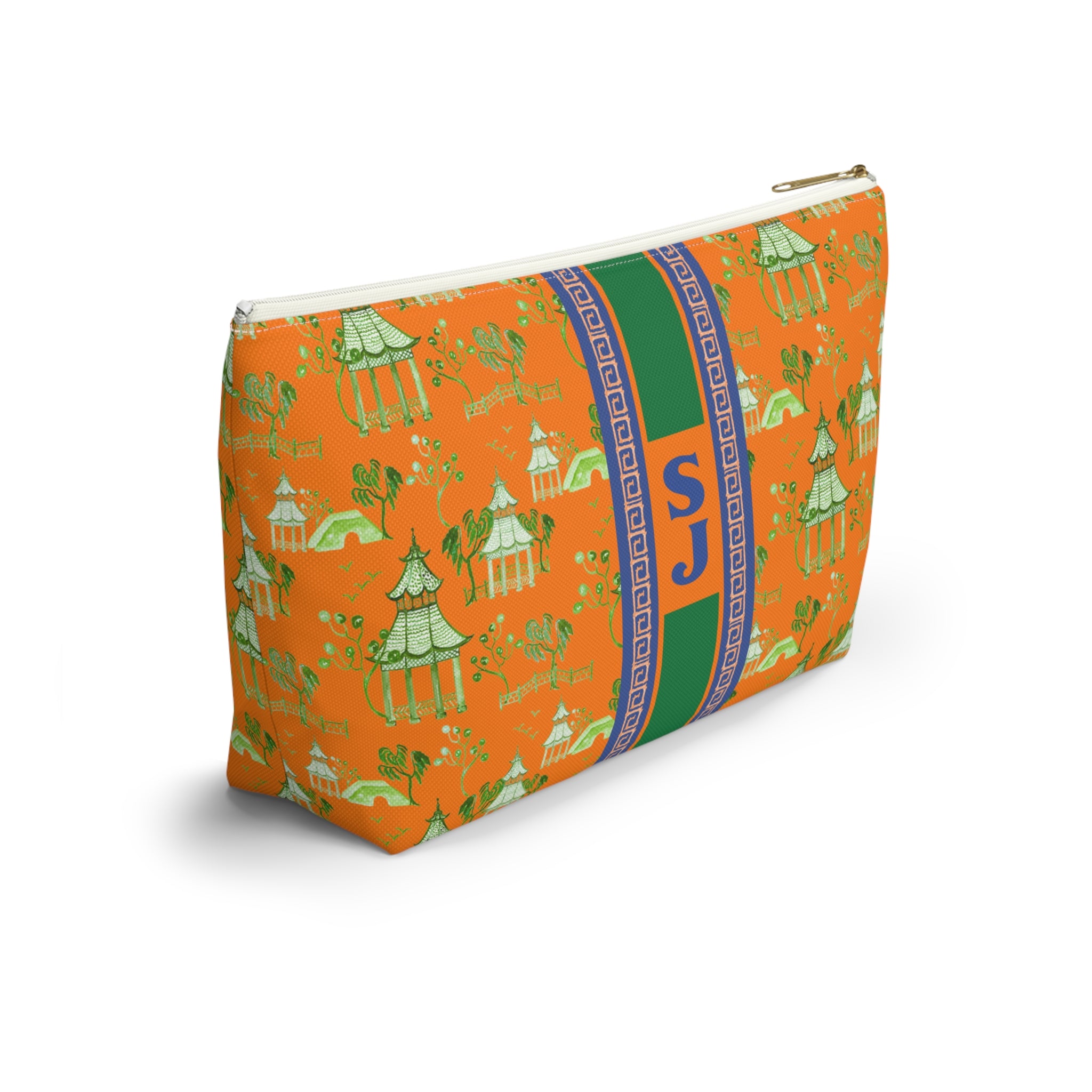 Monogrammed Mahjong Tile Bag: Chinoiserie Travel Pouch, Blue Pagoda On Orange, Small and Large