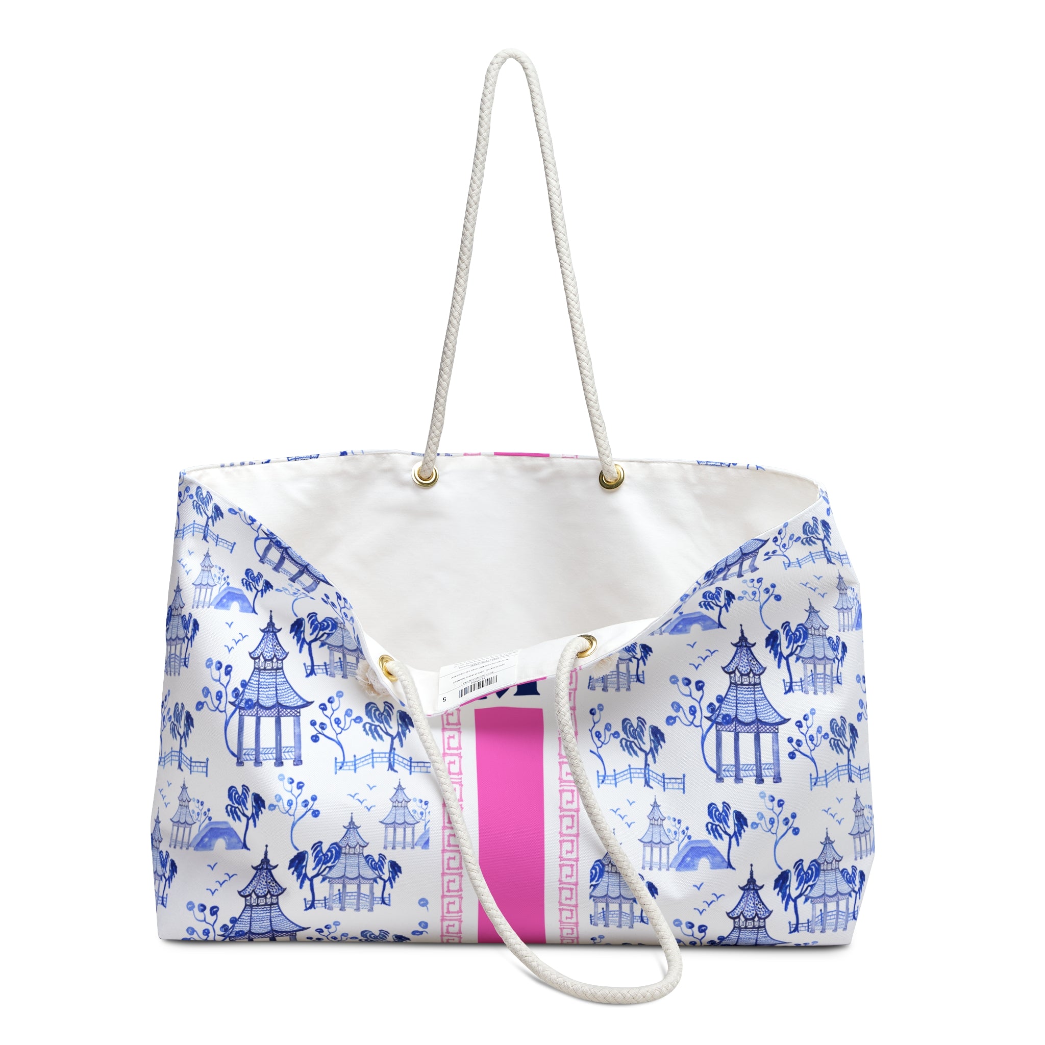 Monogrammed Chinoiserie Mahjong Tote Bag: Blue and Pink, Personalized Mahjong Gift, Maj Carry-All Travel Duffel
