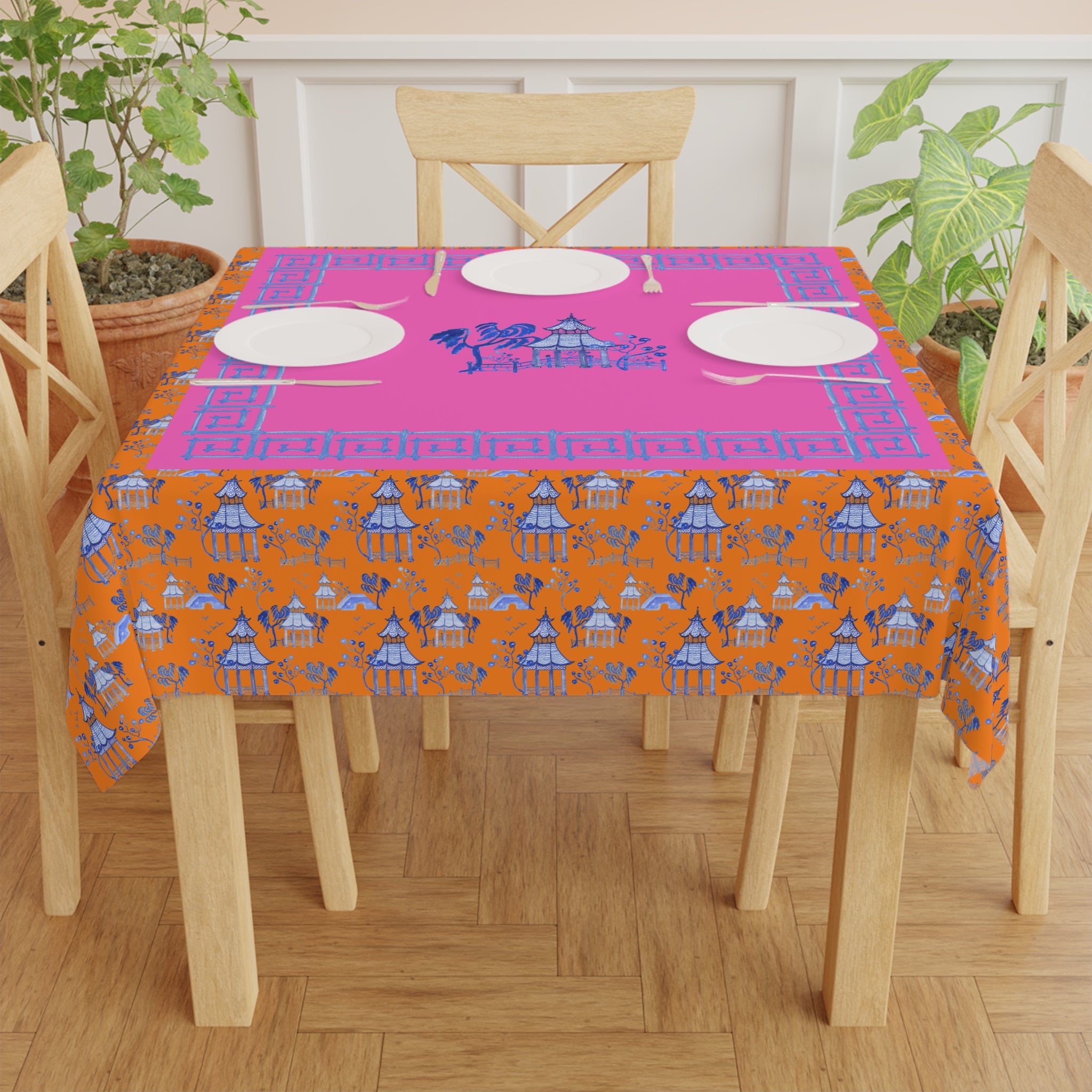 Blue Pagoda on Orange Tablecloth, Grandmillennial Table Cover, Hostess Gift