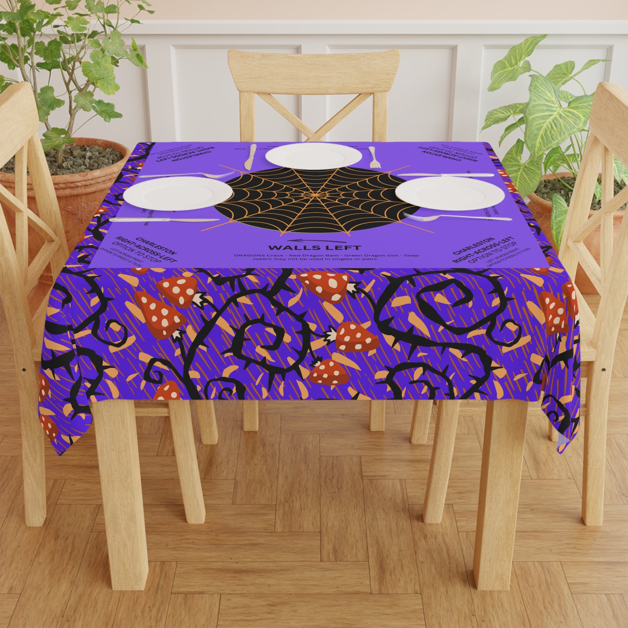 Halloween MAHJONG Tablecloth Purple Poison Thorns, Charleston Rules, Size 55 x 55, Hostess Gift, Spider Web, Instructions for Beginners