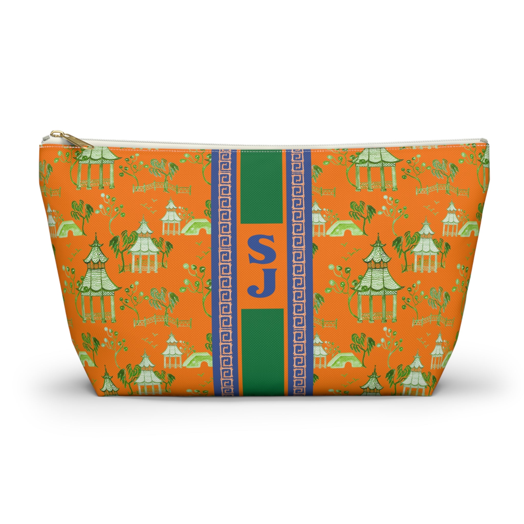 Monogrammed Mahjong Tile Bag: Chinoiserie Travel Pouch, Blue Pagoda On Orange, Small and Large
