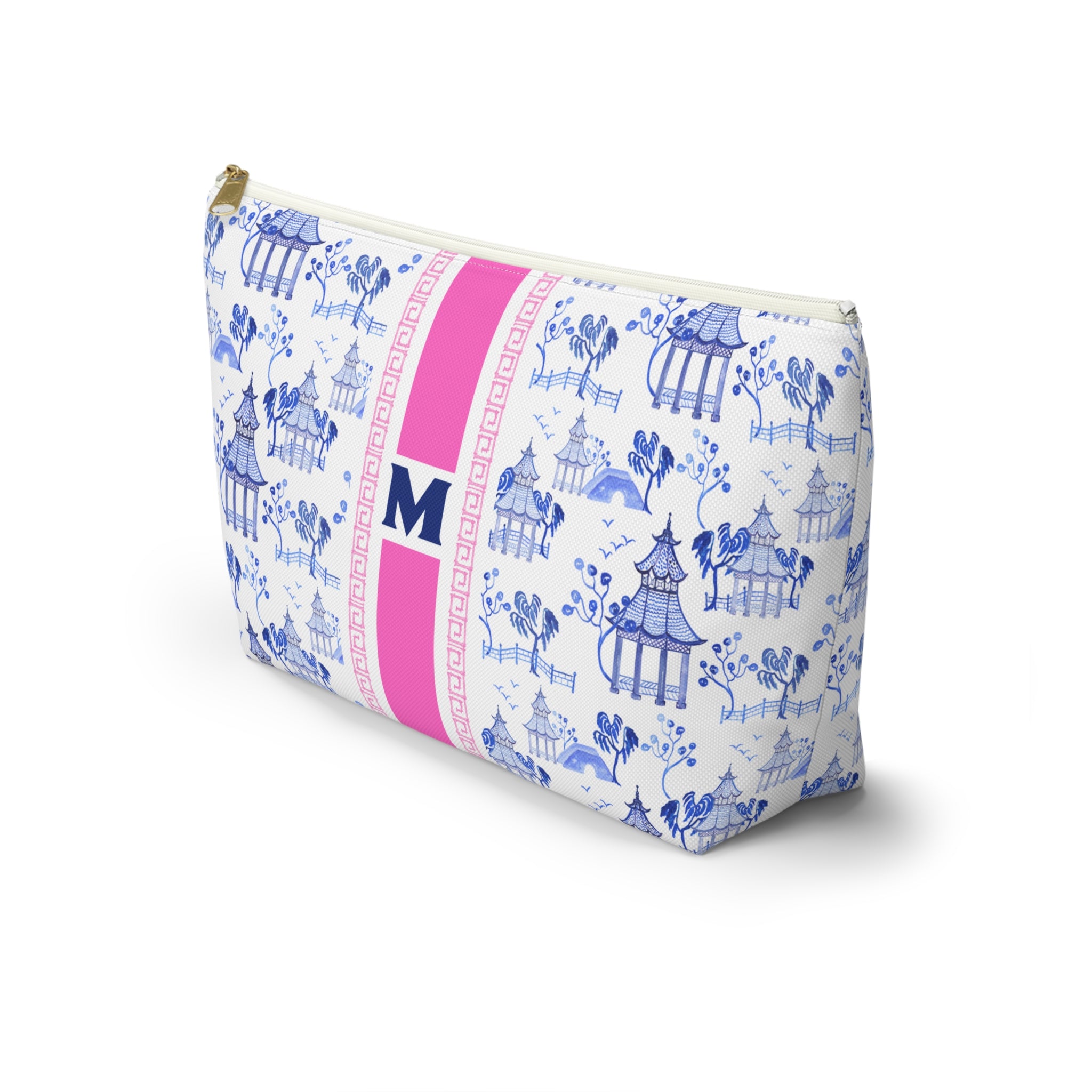Monogrammed Mahjong Tile Bag: Chinoiserie Travel Pouch, Blue Pagoda, Small and Large