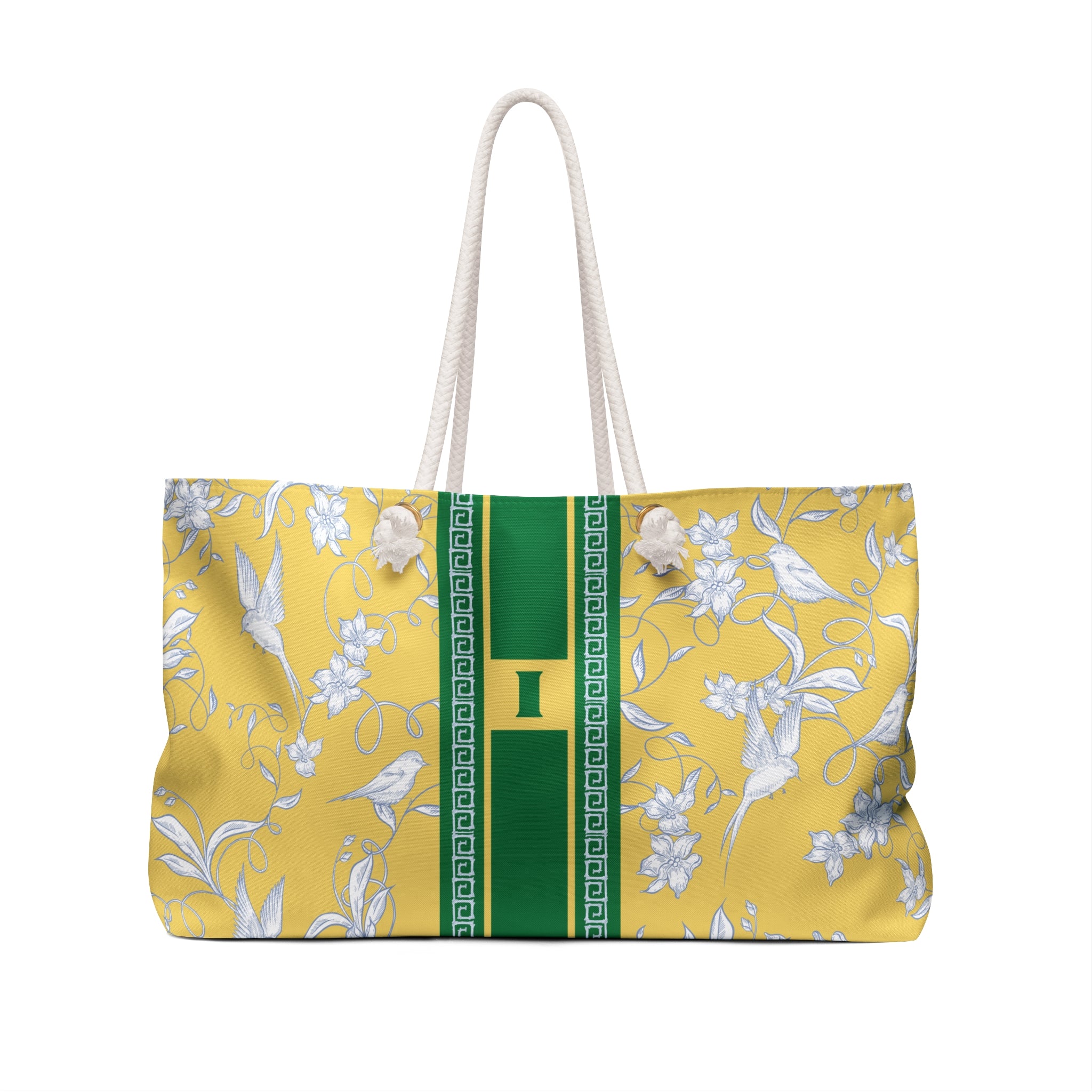 Monogramed Mahjong Tiles Weekender Tote, Personalized Initial, Yellow Birdie Overnight Carry-On