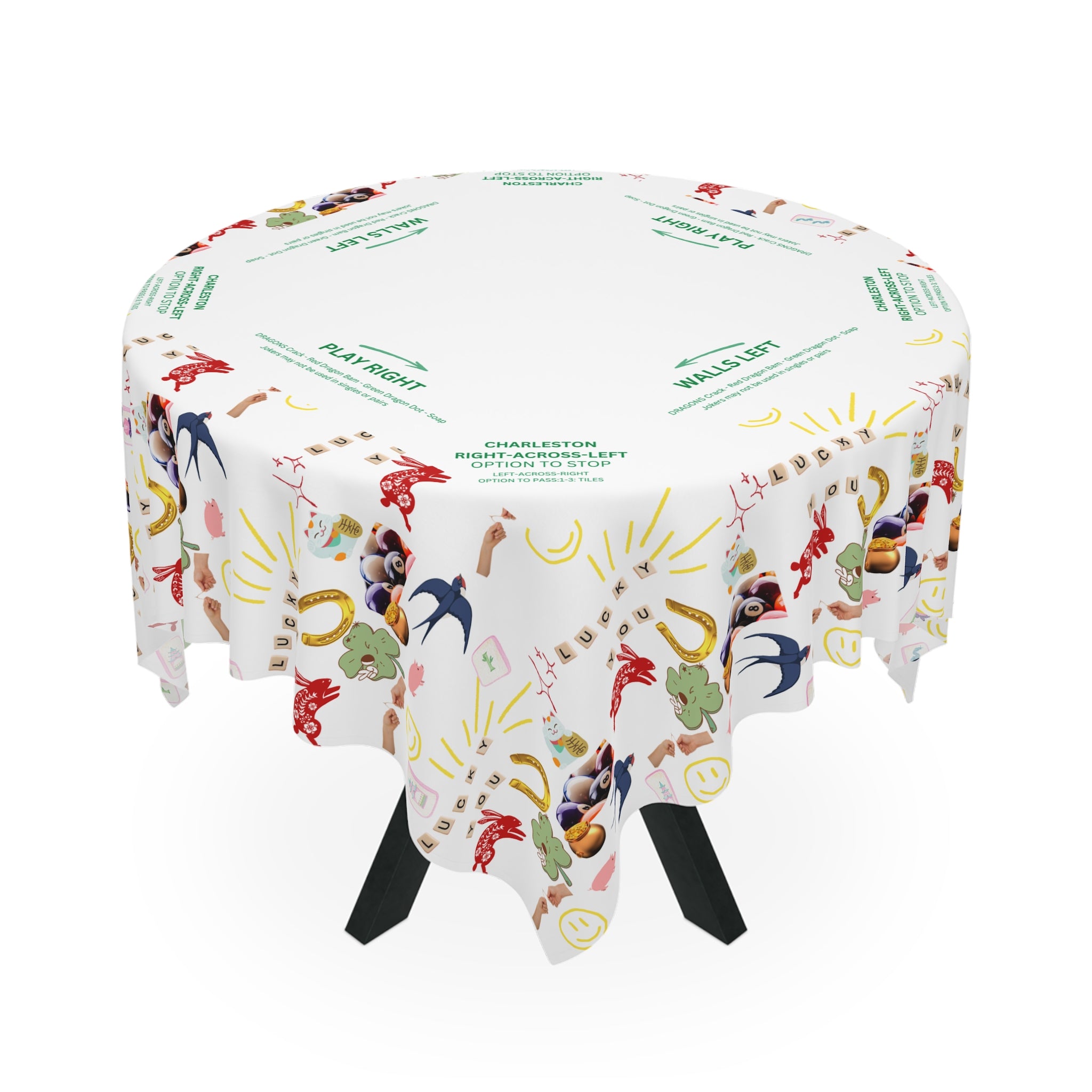 Lucky You Mahjong Game Night Tablecloth, Hostess Gift,  Beginners Rules, Instructions, 55x55, Cat, Horseshoe, Four Leaf Clover, Wishbone