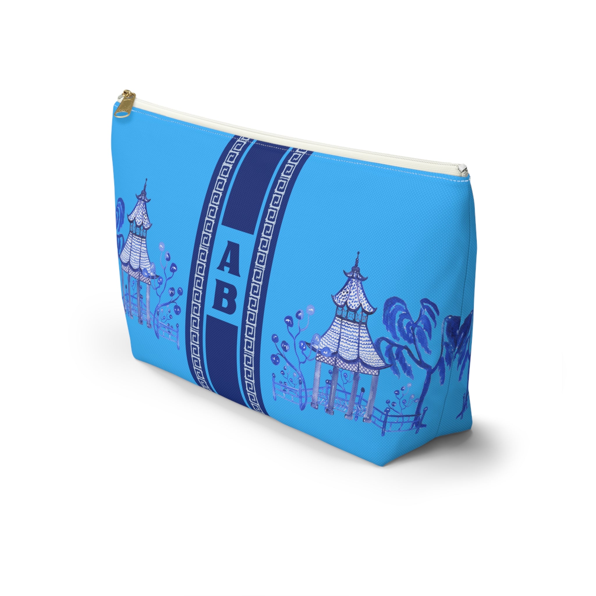 Monogrammed Blue Pagoda Mahjong Tile Bag: Chinoiserie Travel Pouch, Small and Large