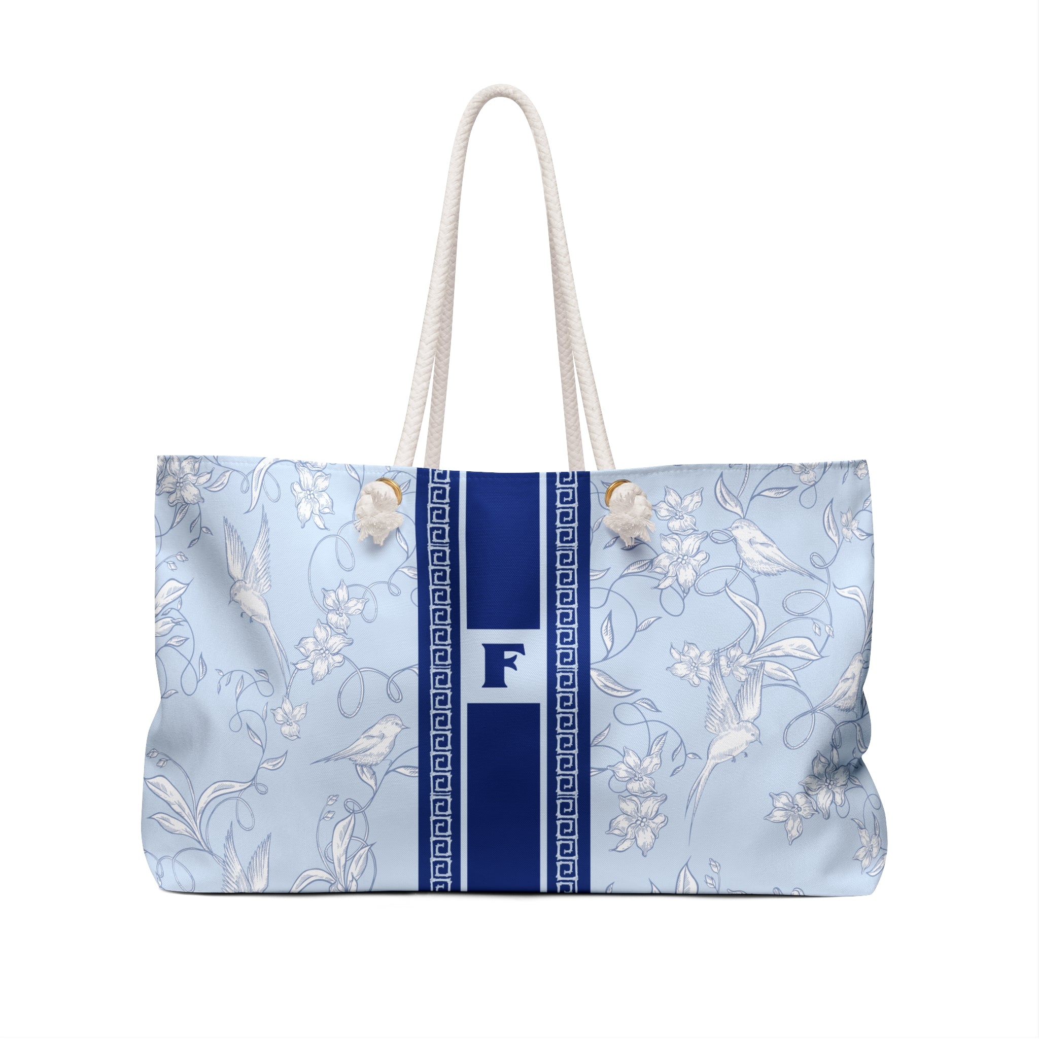 Monogram Mahjong Tiles Weekender Tote, Blue Birdies, Personalized Initial, Preppy Travel Duffel
