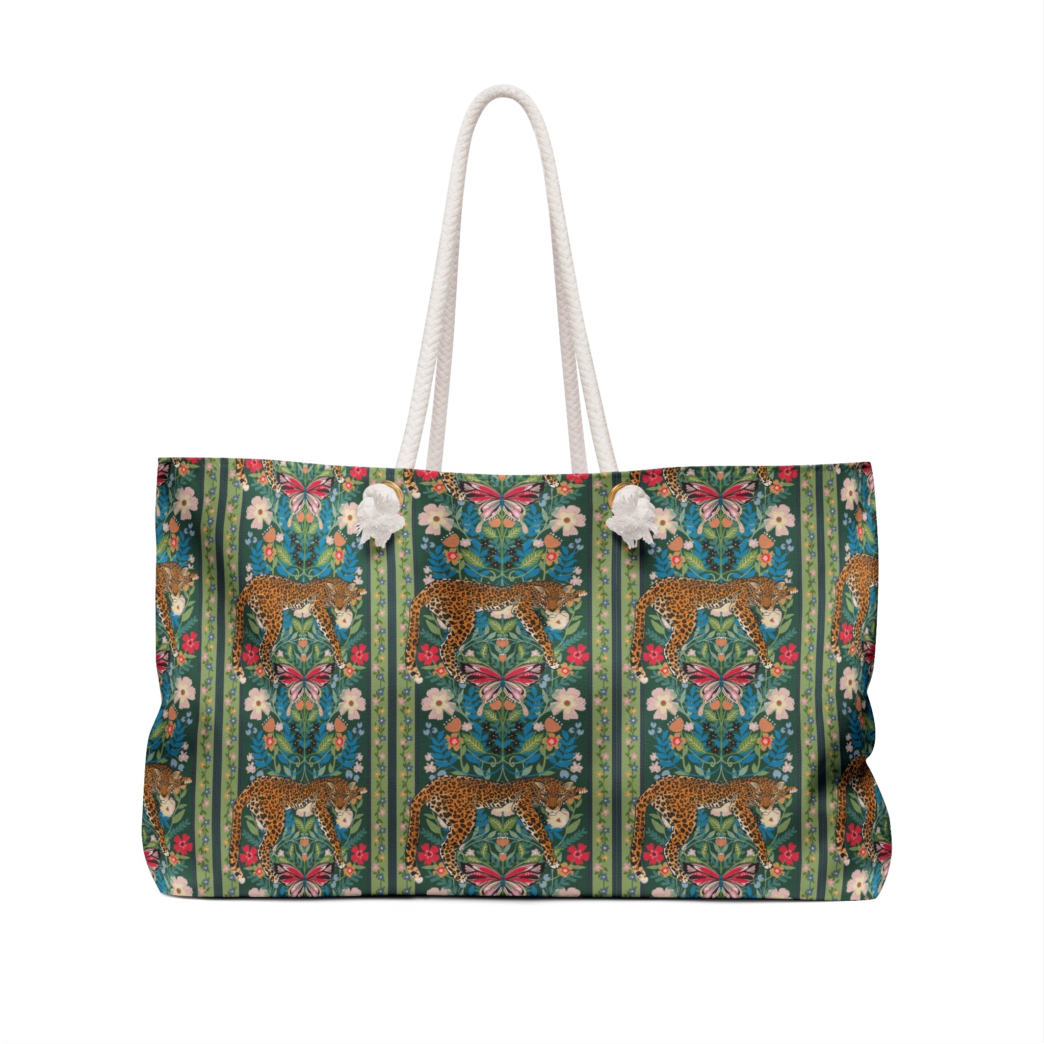 Leopard Beach Bag, Exotic Green Floral Vine Travel Tote Great for Overnight, Tropical Vacation Shoulder Bag