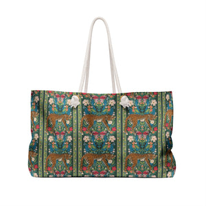 Leopard Beach Bag, Exotic Green Floral Vine Travel Tote Great for Overnight, Tropical Vacation Shoulder Bag