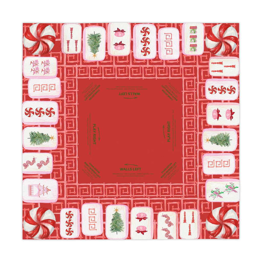 Christmas MAHJONG Tile Tablecloth, Charleston Rules, Size 55 x 55, Instructions Beginners Christmas Tree Peppermint Candy, Hostess Gift