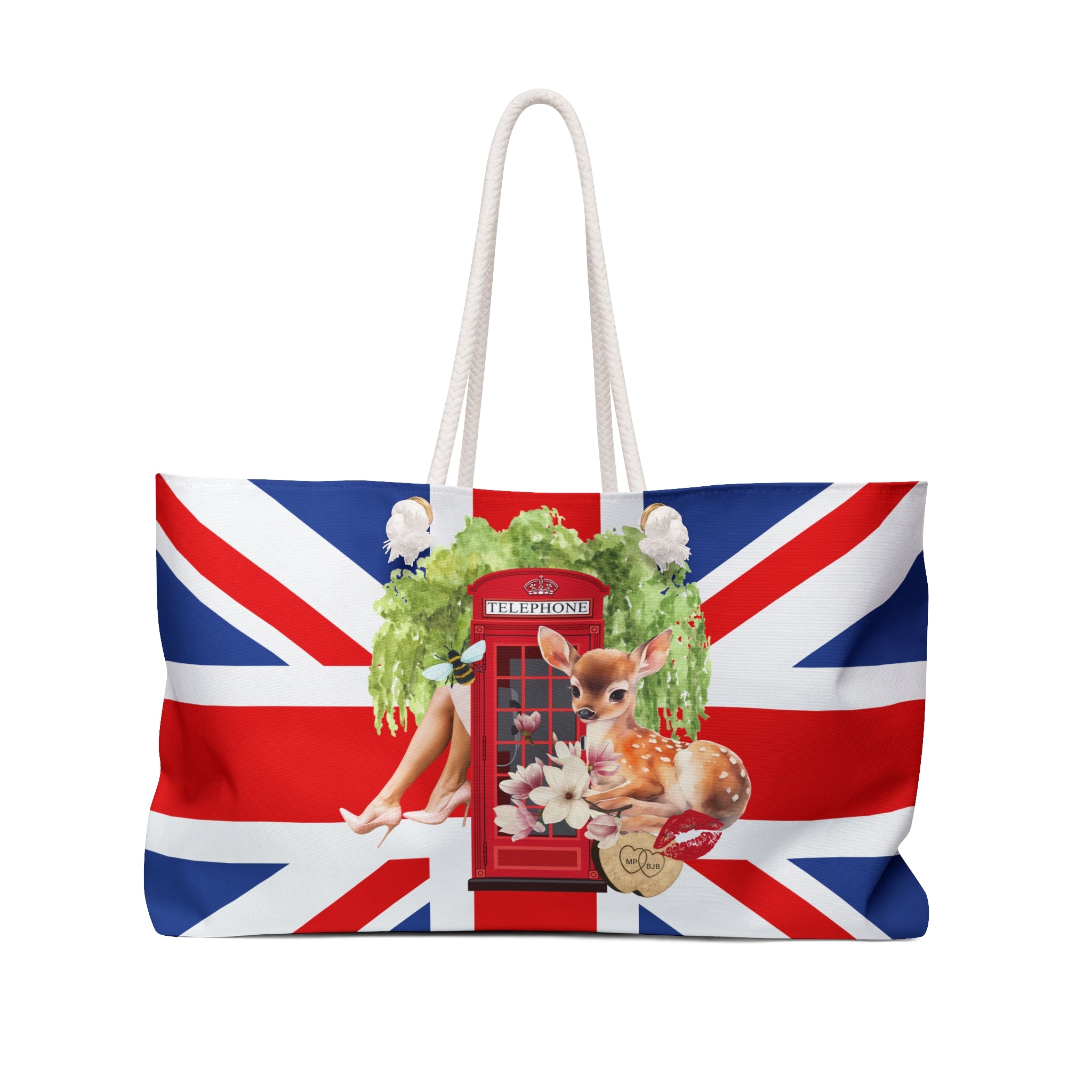 London Collage Art Beach Bag, Magnolia Parks, Baby Deer, Bee, British Flag, Weeping Willow, Travel Luggage, Large Red, White and Blue Tote