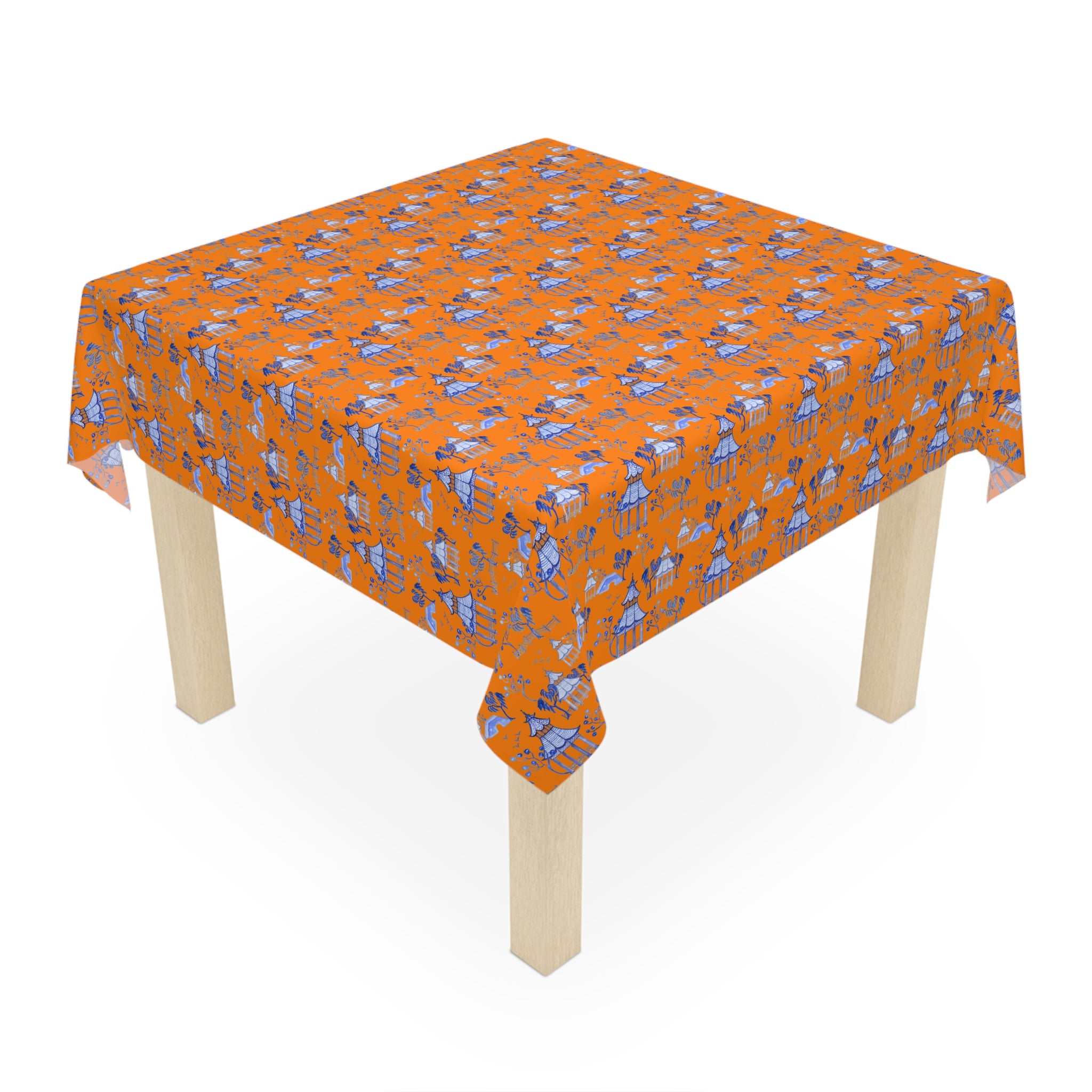 Blue on Orange Pagoda on Orange Tablecloth, Grandmillennial Table Cover, Hostess Gift