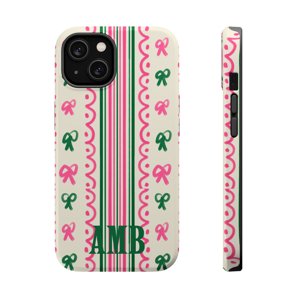 Grandmillennial Aesthetic iPhone Case, Monogram Personalized Gift, Pink and Green Bows, Magnetic Tough Cases, Custom Phone Cover, Vintage