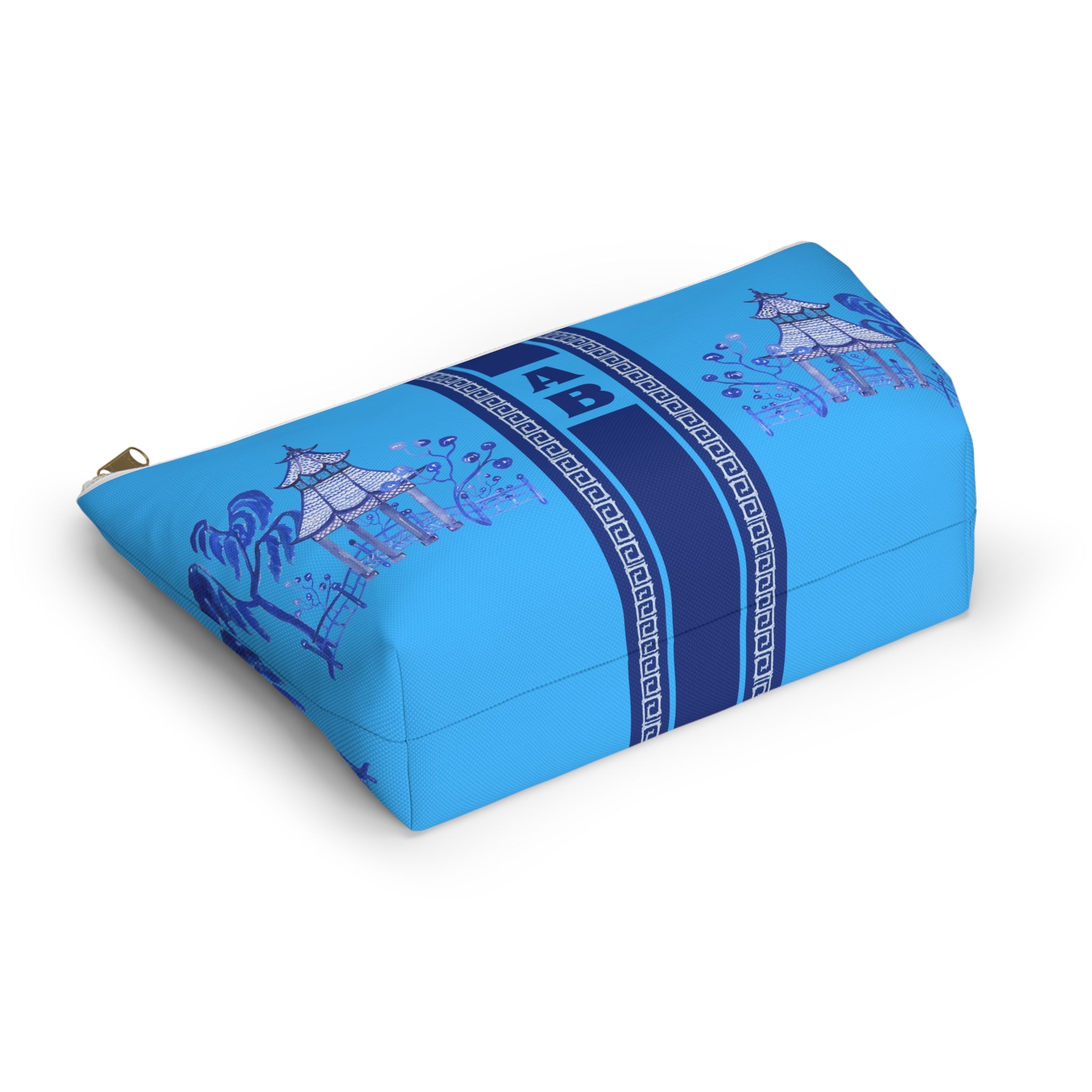 Monogrammed Blue Pagoda Mahjong Tile Bag: Chinoiserie Travel Pouch, Small and Large