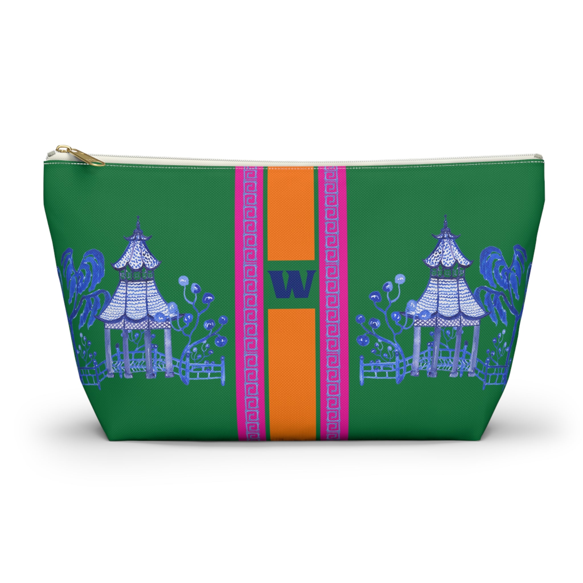 Monogrammed Green Pagoda Mahjong Tile Bag: Chinoiserie Travel Pouch, Small and Large