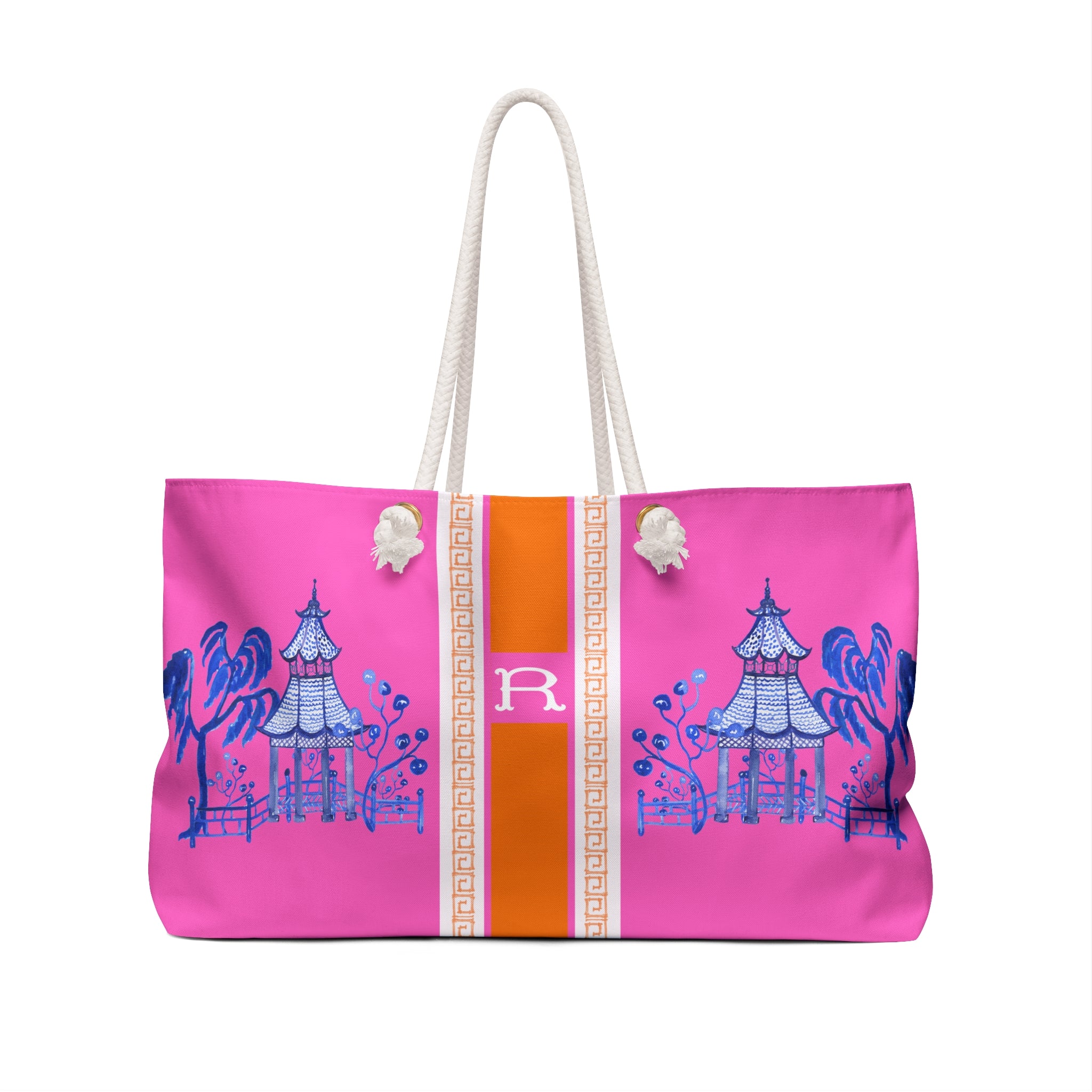 Monogrammed Pink Chinoiserie Mahjong Tote Bag: Blue Pagoda, Personalized Mahjong Gift, Maj Carry-All Travel Duffel
