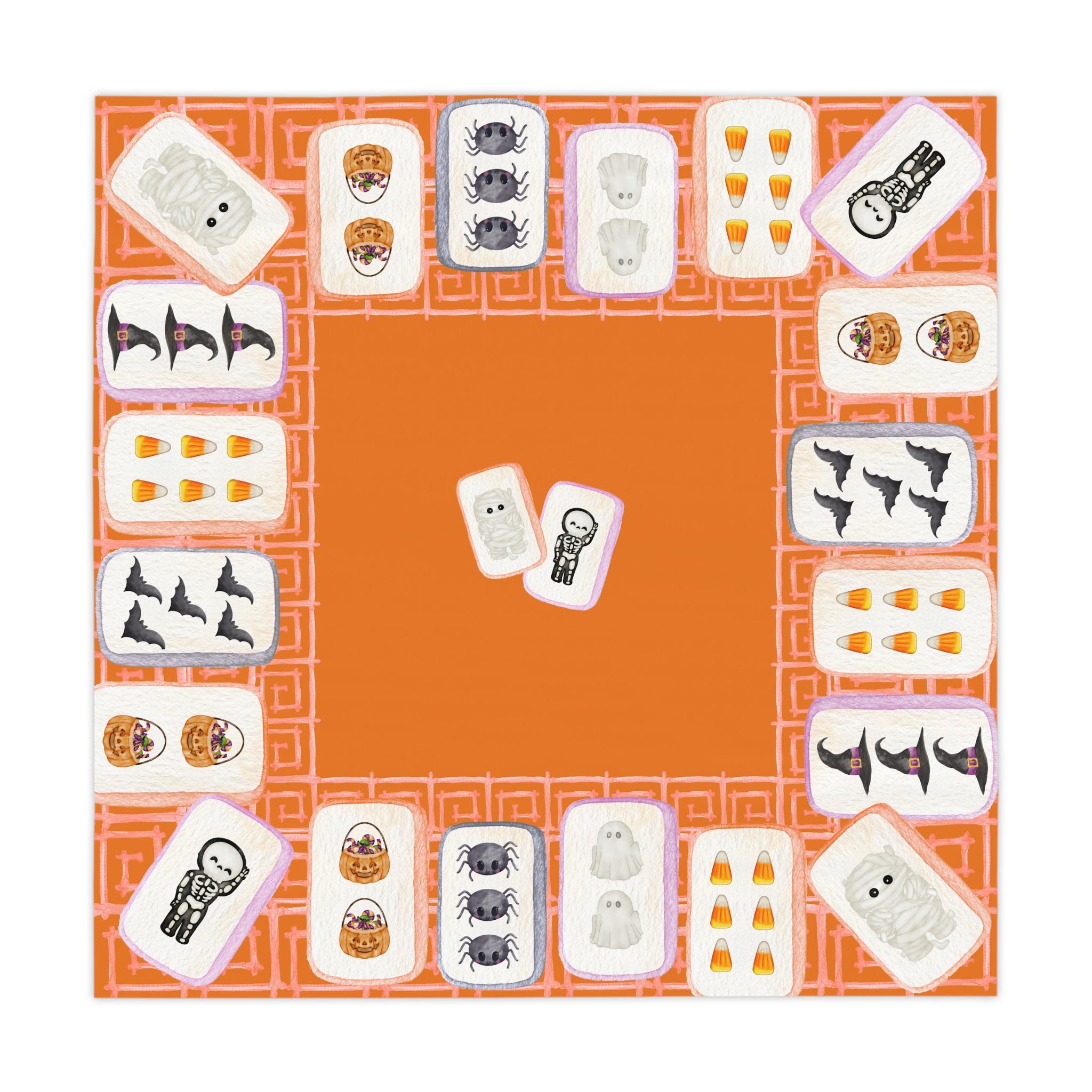 Halloween MAHJONG Tiles Tablecloth, 55 x 55, Hostess Gift, Bat, Pumpkin, Mummy, Skeleton, Ghost, Spider, Witch Hat, Handpainted Tiles