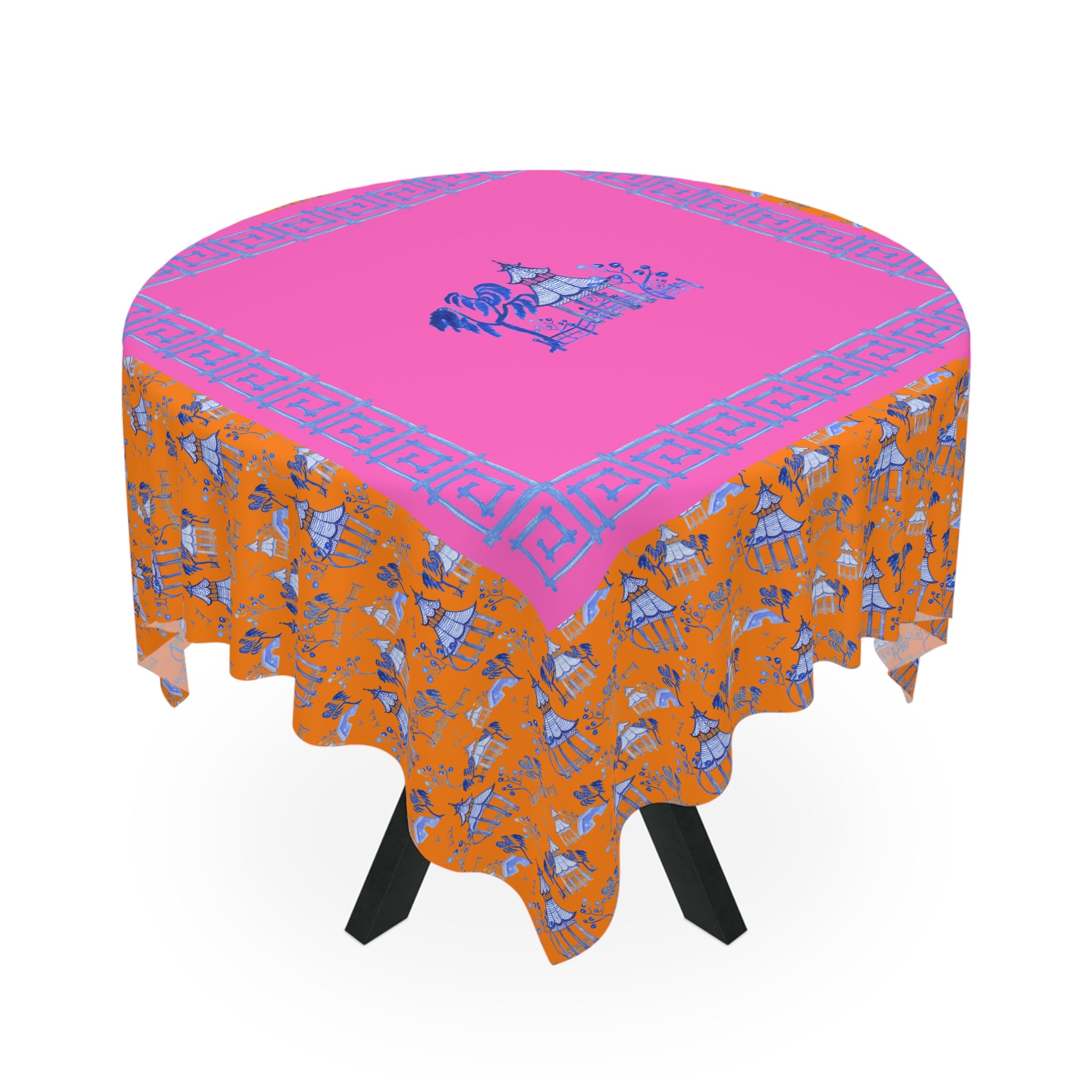 Blue Pagoda on Orange Tablecloth, Grandmillennial Table Cover, Hostess Gift