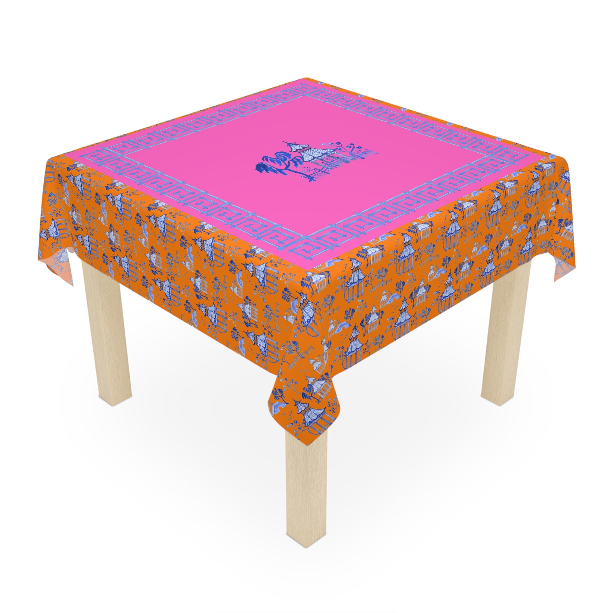 Blue Pagoda on Orange Tablecloth, Grandmillennial Table Cover, Hostess Gift