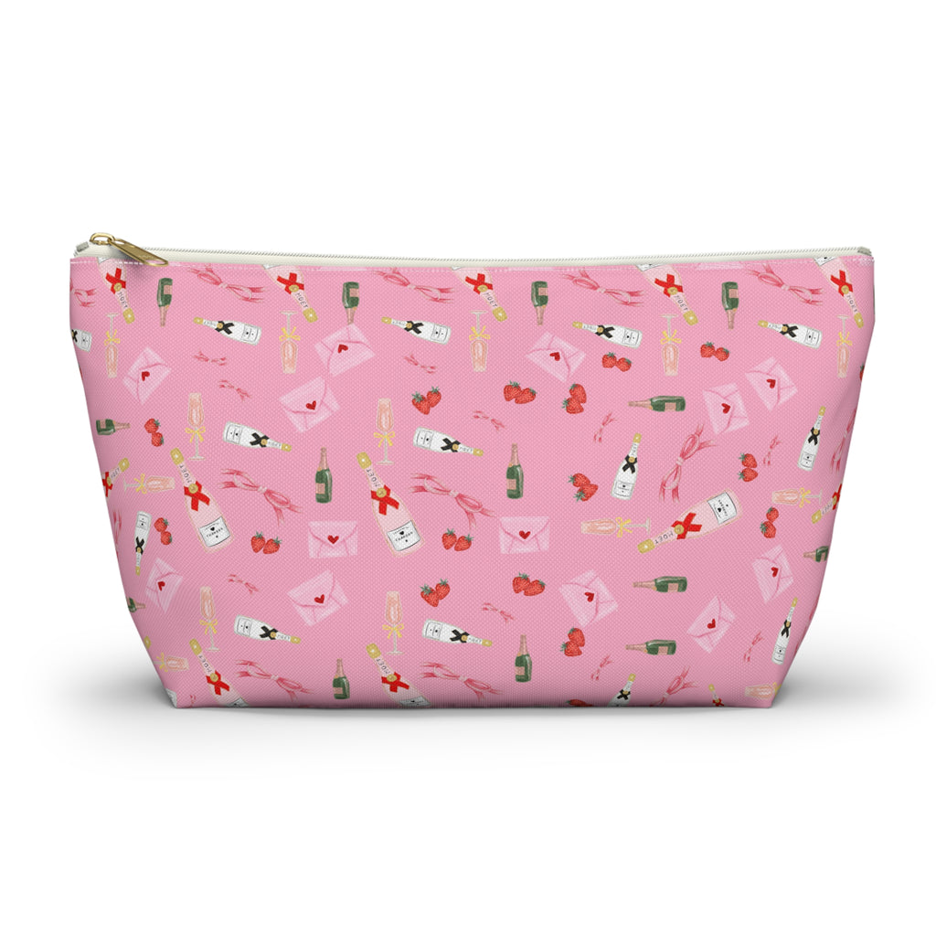 Pink Champagne Jewelry Pouch, Heart, Bow, Strawberry, and Love Letter Design, Cute Zipper Bag for Accessories, Pencils, Bridesmaid Gift