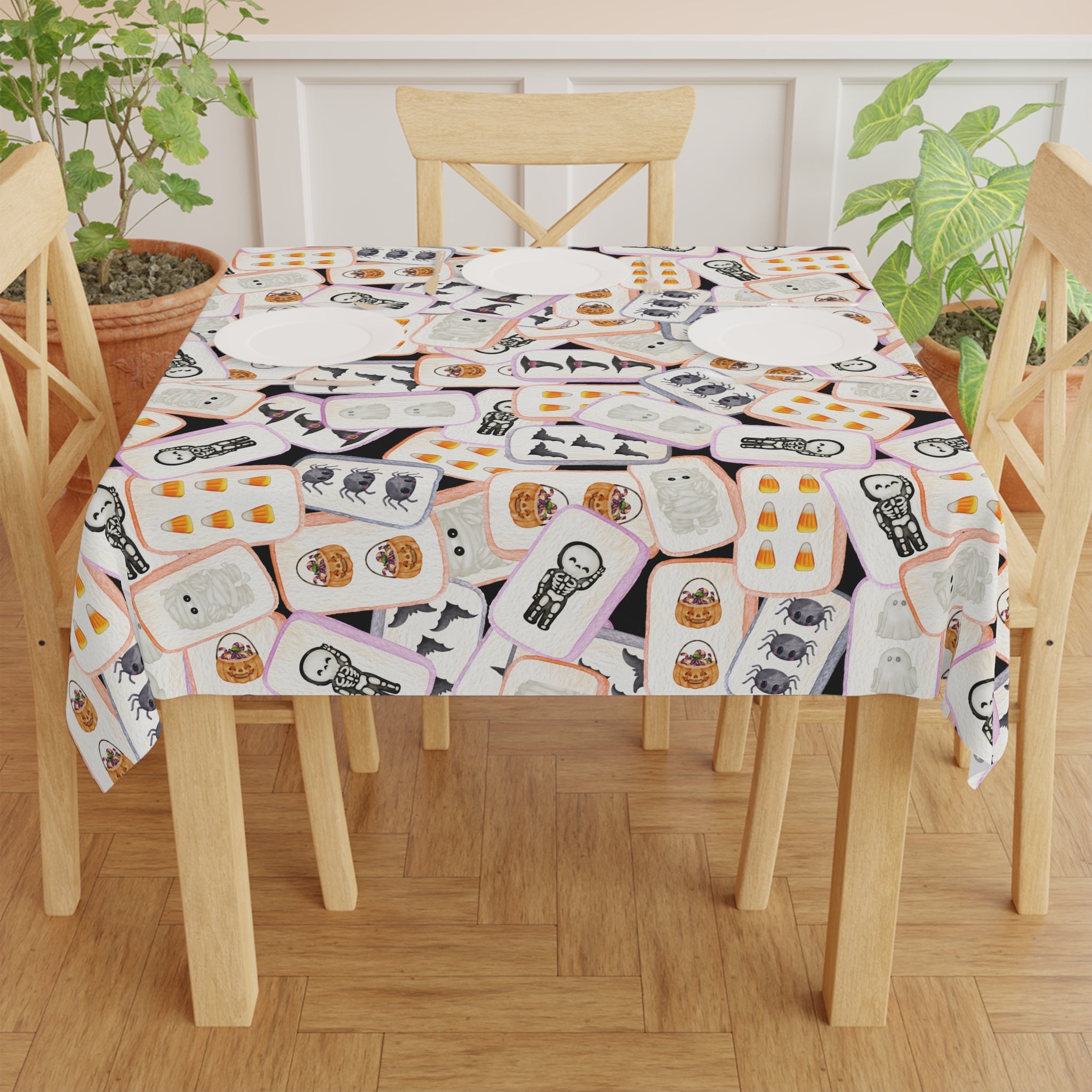 Halloween MAHJONG Tiles Tablecloth, 55 x 55, Hostess Gift, Bat, Pumpkin, Mummy, Skeleton, Ghost, Spider, Witch, Handpainted Tiles