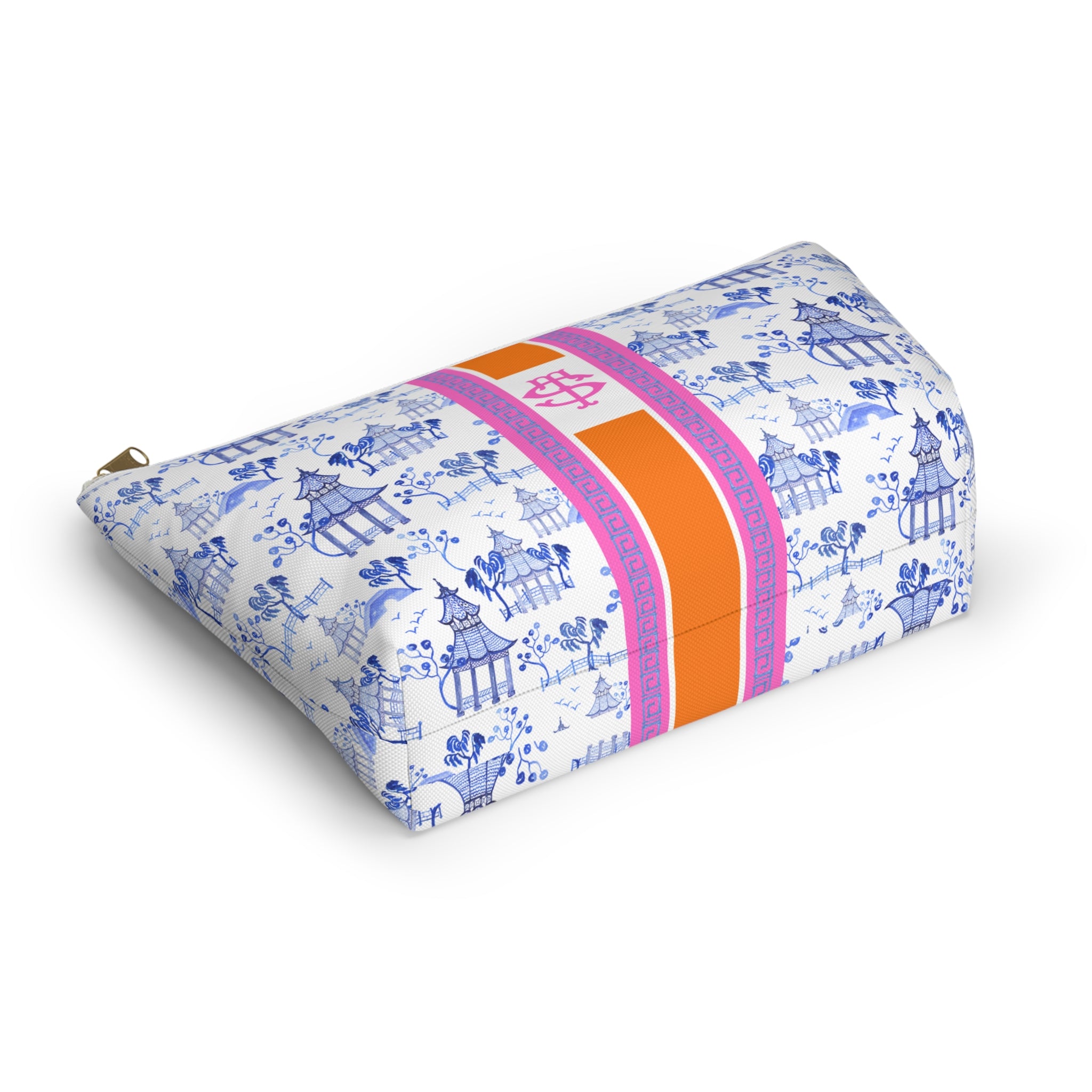 Monogrammed Mahjong Tile Bag: Chinoiserie Travel Pouch, Blue Pagoda, Orange, Small and Large