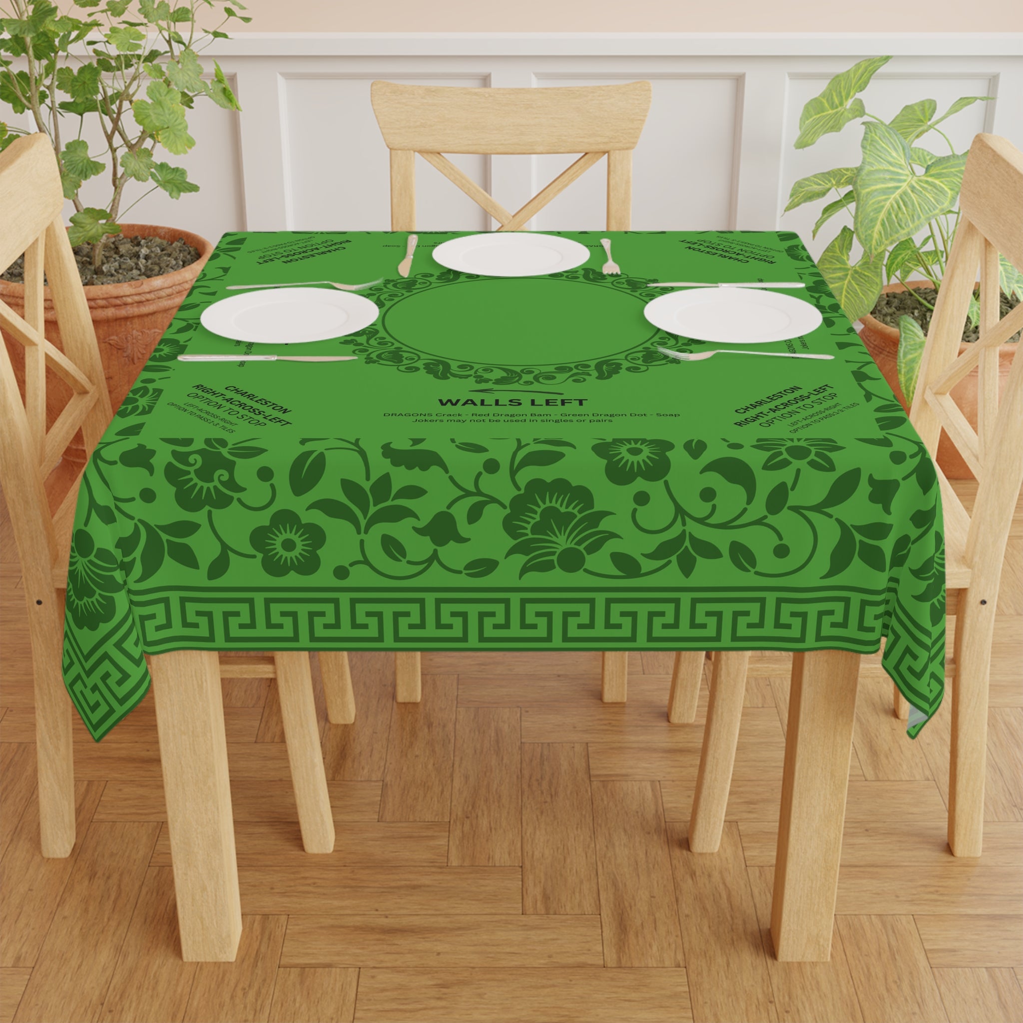 Green Floral MAHJONG Tablecloth, Instructions, Size 55 x 55, With Rules for Beginners, Saint Patrick's Day