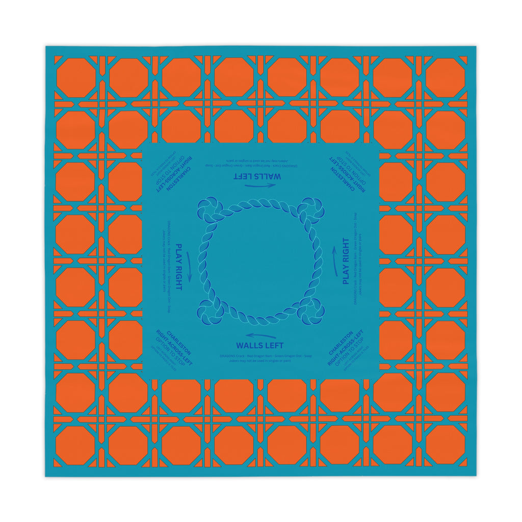 Orange Teal Rattan Mahjong Tablecloth, Game Night Hostess Gift 55x55, Blue Palm Beach Vibe, Mahj, with instrucitons,Table Cover, Home Decor