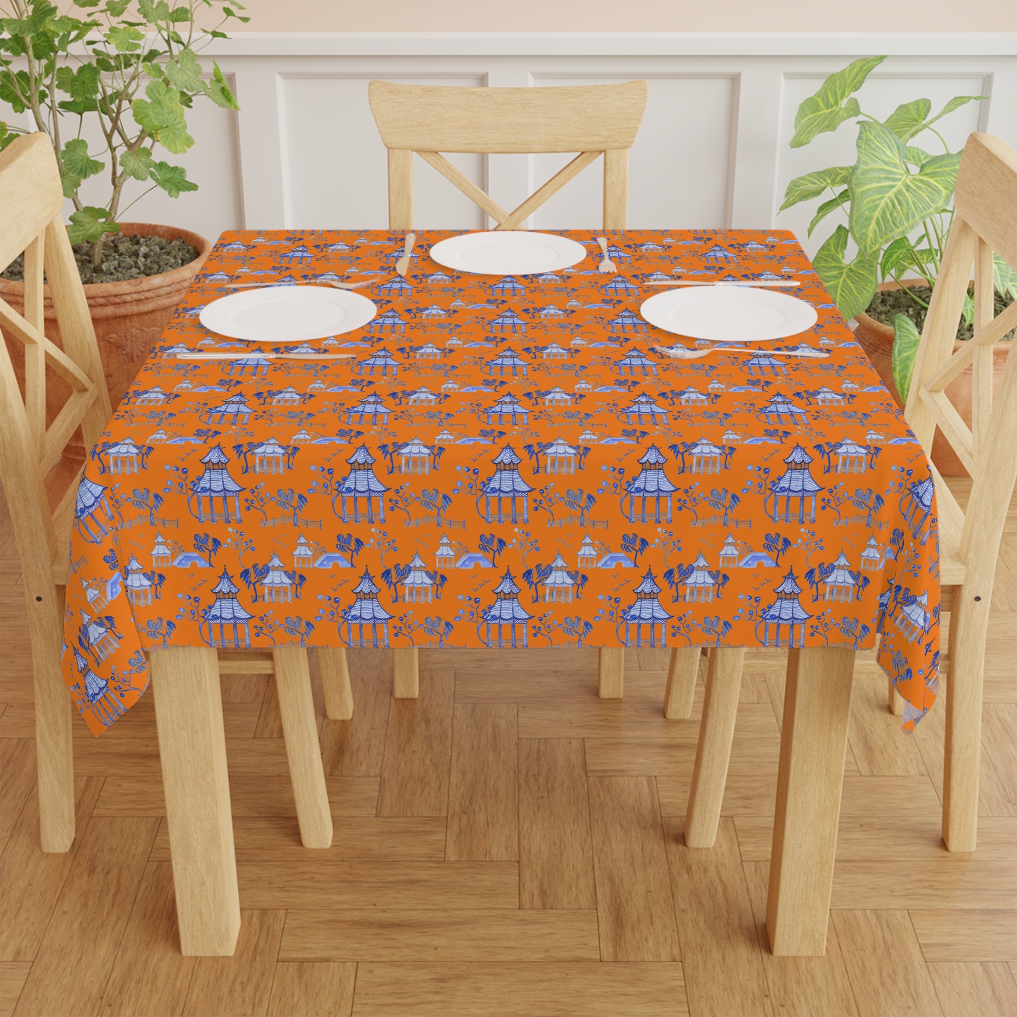Blue on Orange Pagoda on Orange Tablecloth, Grandmillennial Table Cover, Hostess Gift