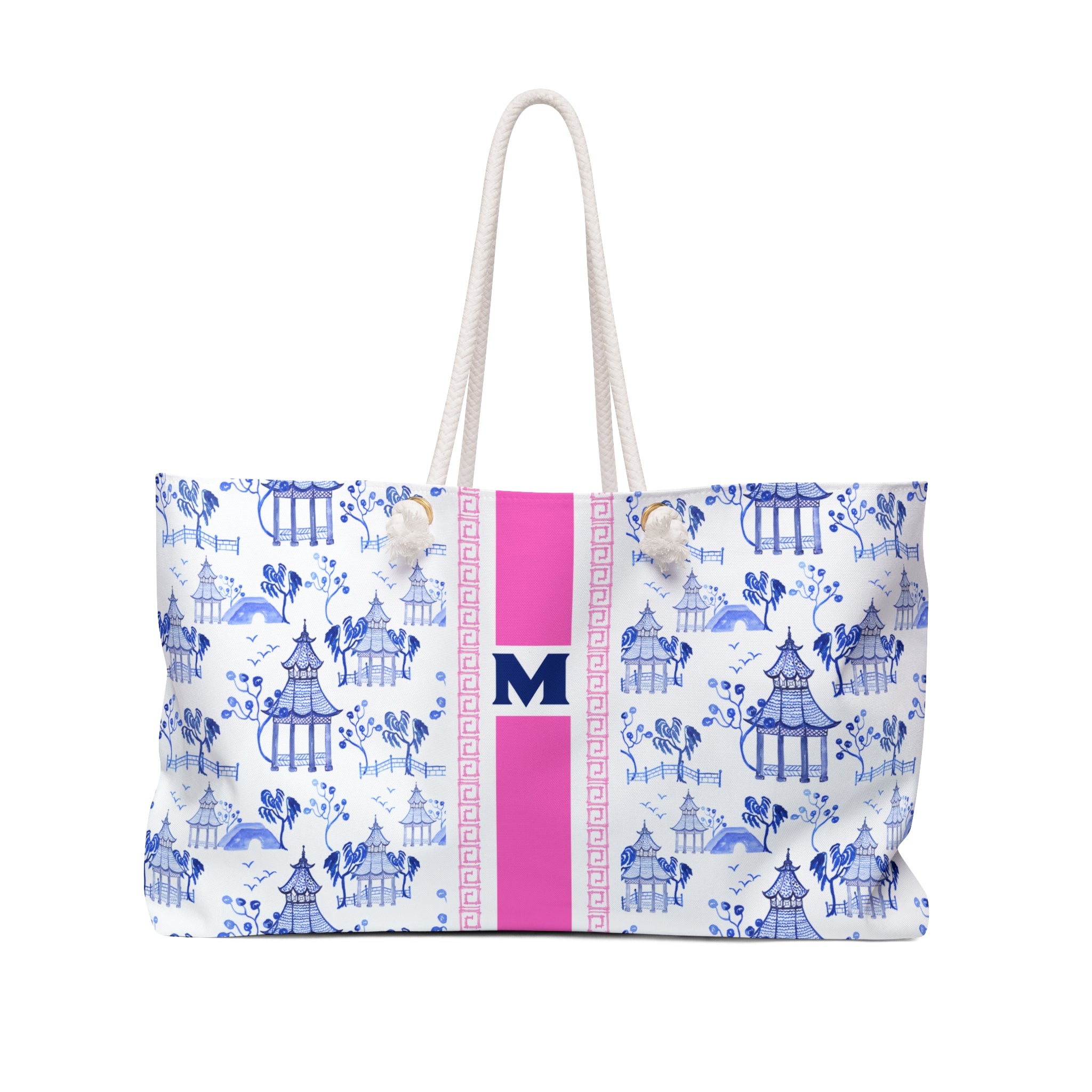 Monogrammed Chinoiserie Mahjong Tote Bag: Blue and Pink, Personalized Mahjong Gift, Maj Carry-All Travel Duffel