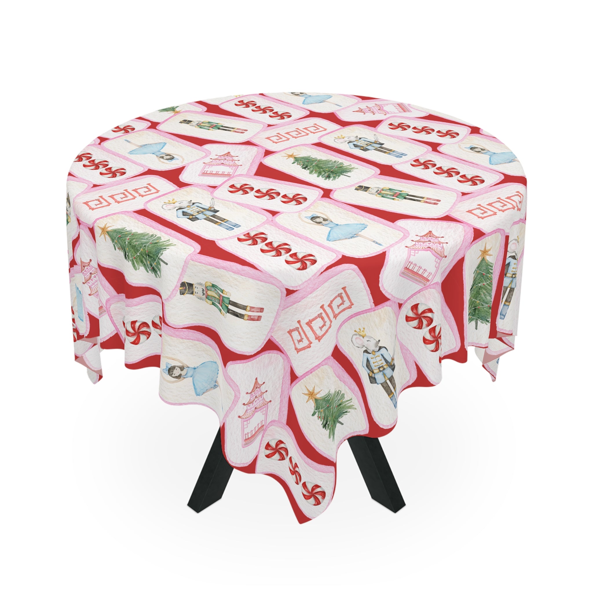 Christmas MAHJONG Tiles Tablecloth, Size 55 x 55, Nutcracker Theme, Hostess Gift, Mahj Prize, Red Holiday Table Cover with Christmas Trees
