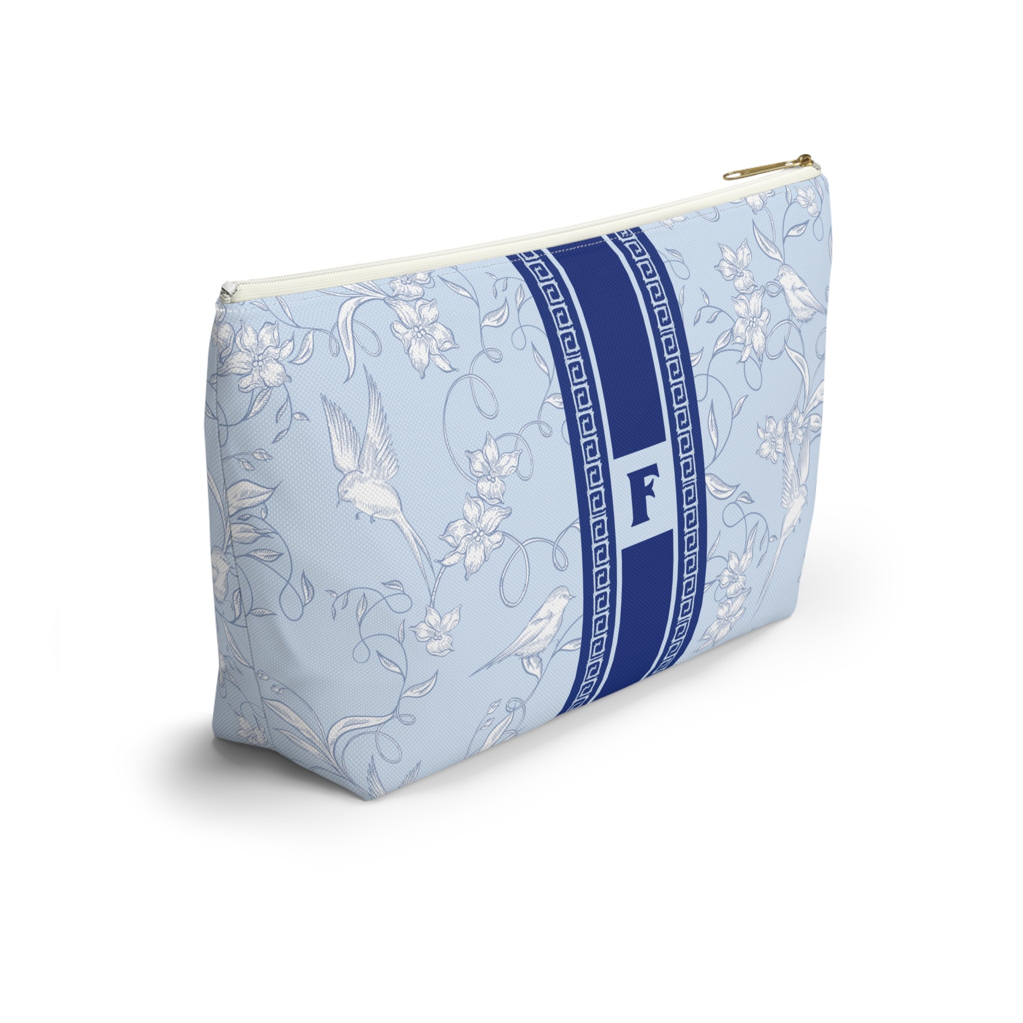 Monogrammed Mahjong Tile Bag: Chinoiserie Travel Pouch, Blue Birdie, Small and Large