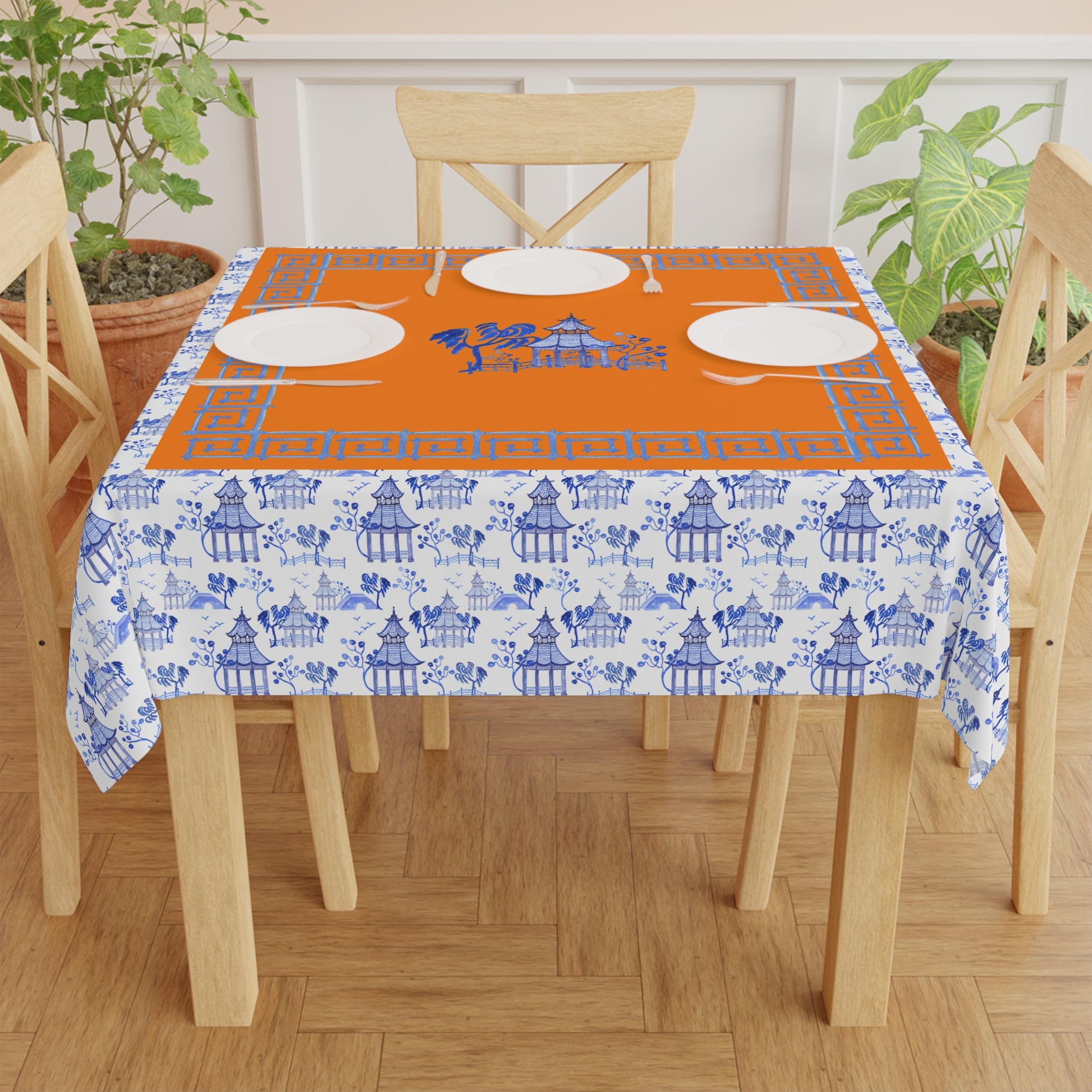 Blue Pagoda Tablecloth, Grandmillennial Table Cover, Hostess Gift