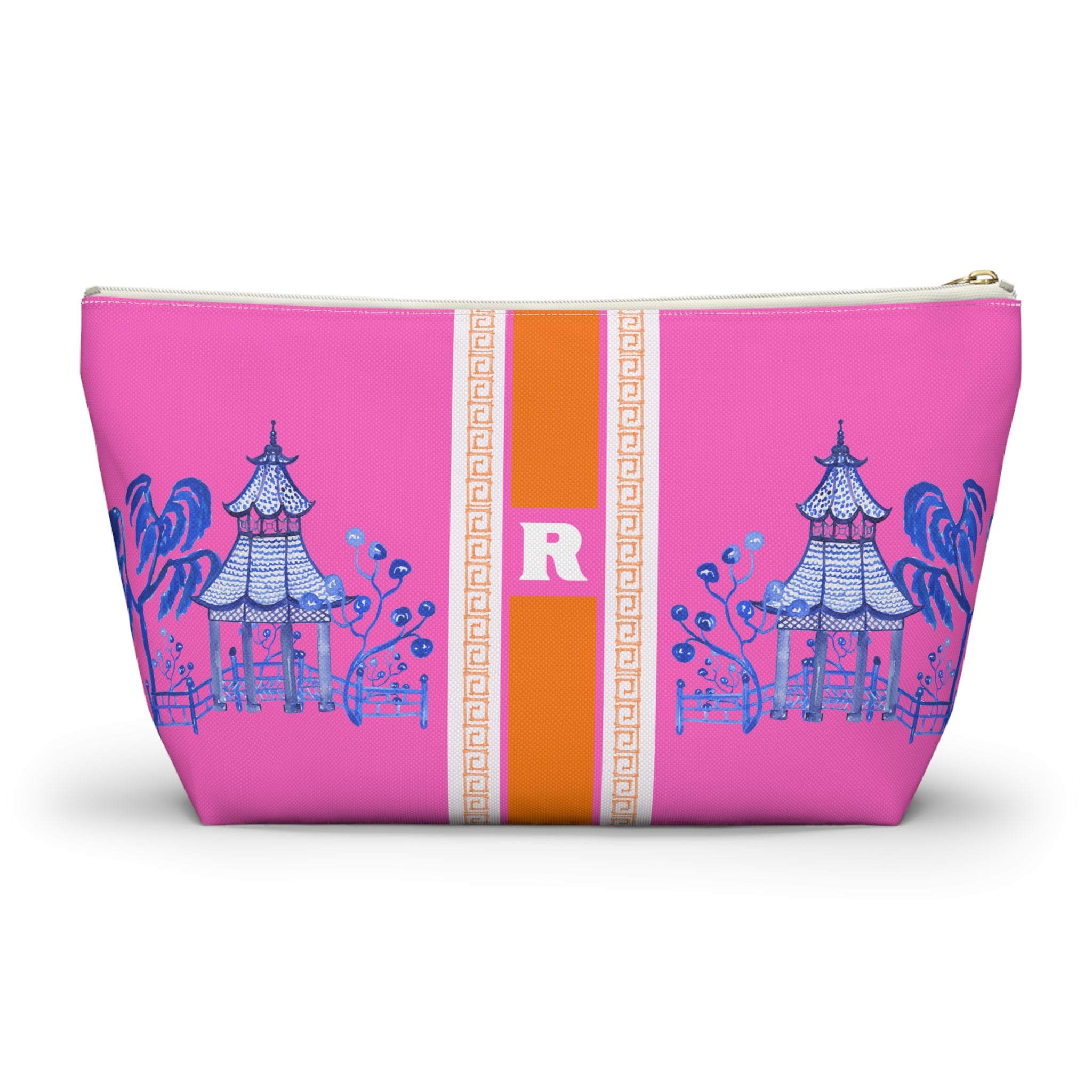 Monogrammed Mahjong Tile Bag: Chinoiserie Travel Pouch, Blue Pagoda on Pink, Small and Large
