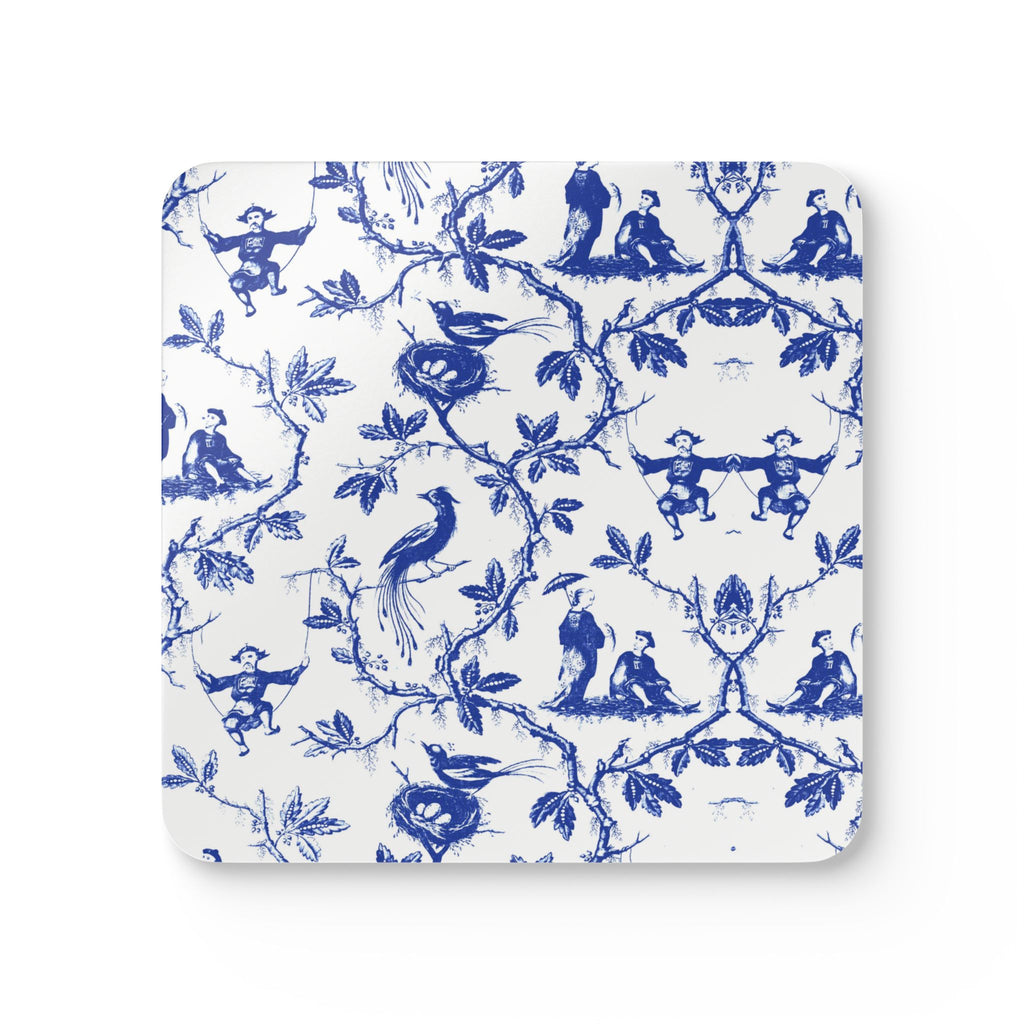 Chinoiserie Corkwood Costers, Set of Four Indigo Blue White, Classic Old Money Style, Cocktail Party Hostess Gift, Table Protection