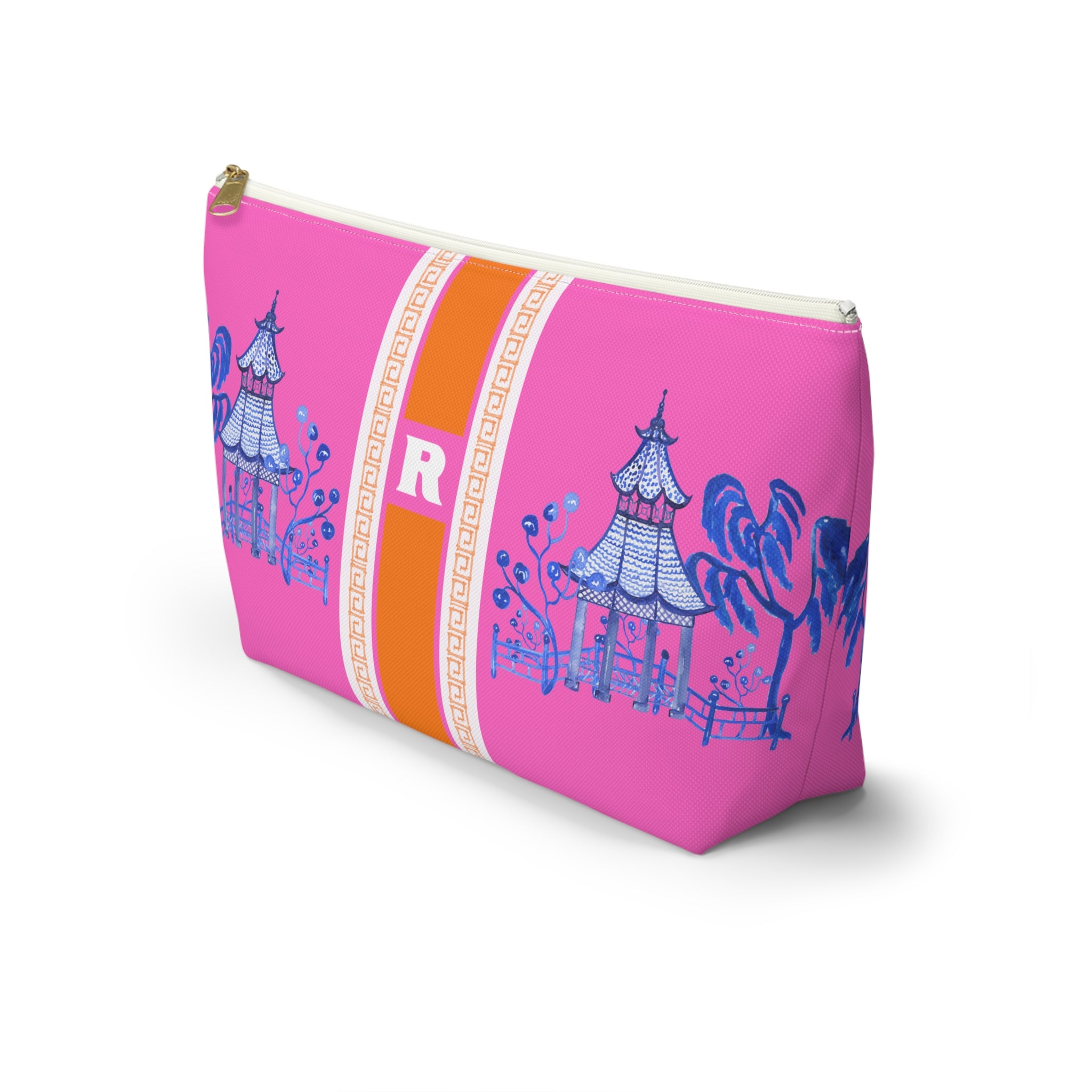 Monogrammed Mahjong Tile Bag: Chinoiserie Travel Pouch, Blue Pagoda on Pink, Small and Large