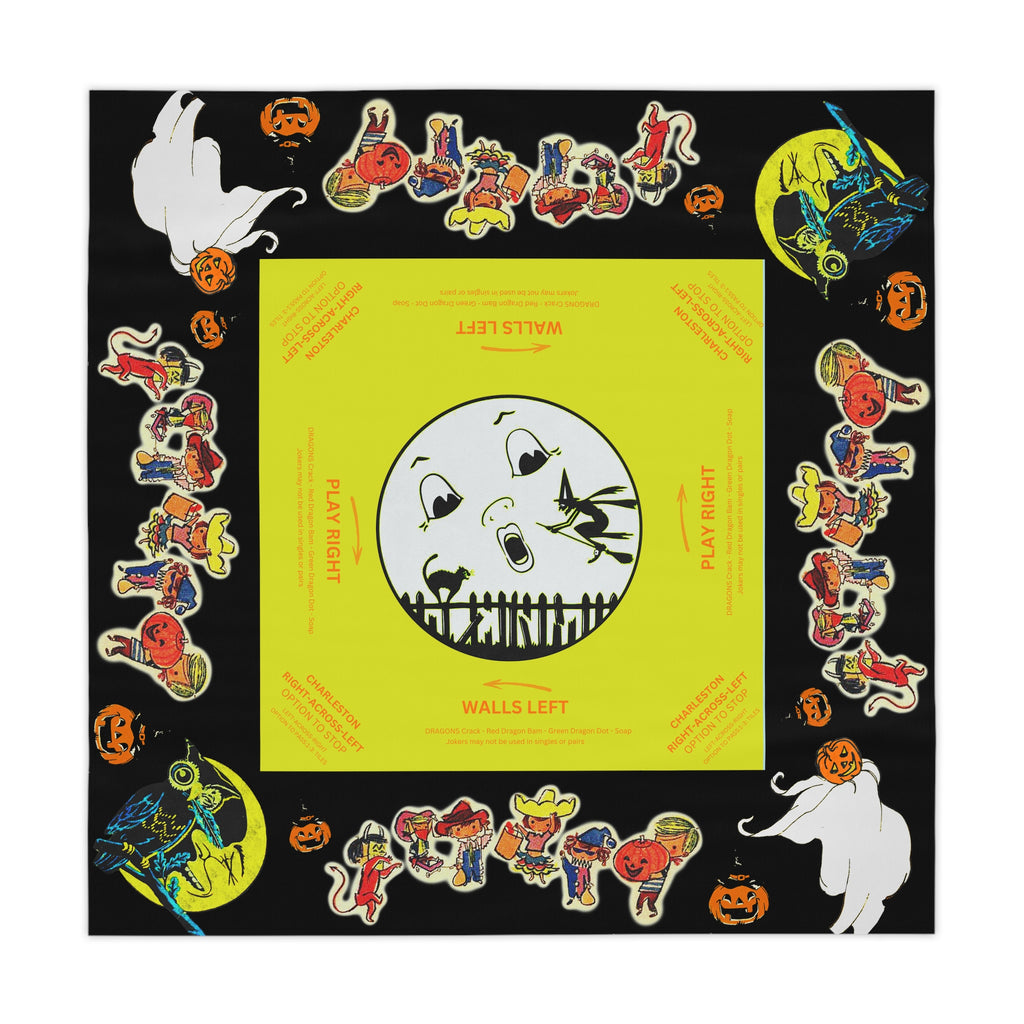 Halloween MAHJONG Tablecloth Vintage Cartoons, Charleston Rules, Size 55 x 55, Hostess Gift, Ghosts, Pumpkins, Instructions for Beginners