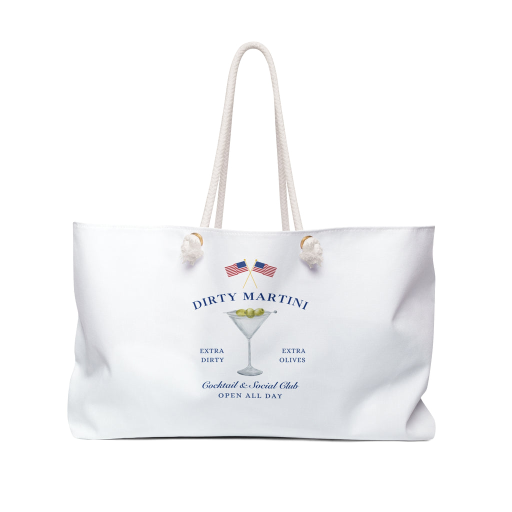 Dirty Martini Social Club Weekender Bag Tote, Red, White, Blue, Preppy Beach Duffel, American Flag Purse, Travel Overnight Carry-On, Handbag