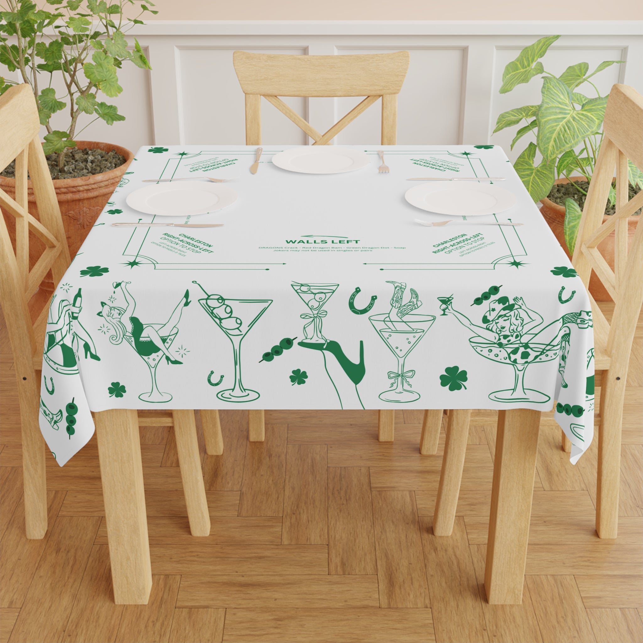 Get Lucky Mahjong Game Night Tablecloth, Hostess Gift,  Beginners Rules, Instructions, 55x55, Cocktails, Cowgirls, and Tiles Table Cover