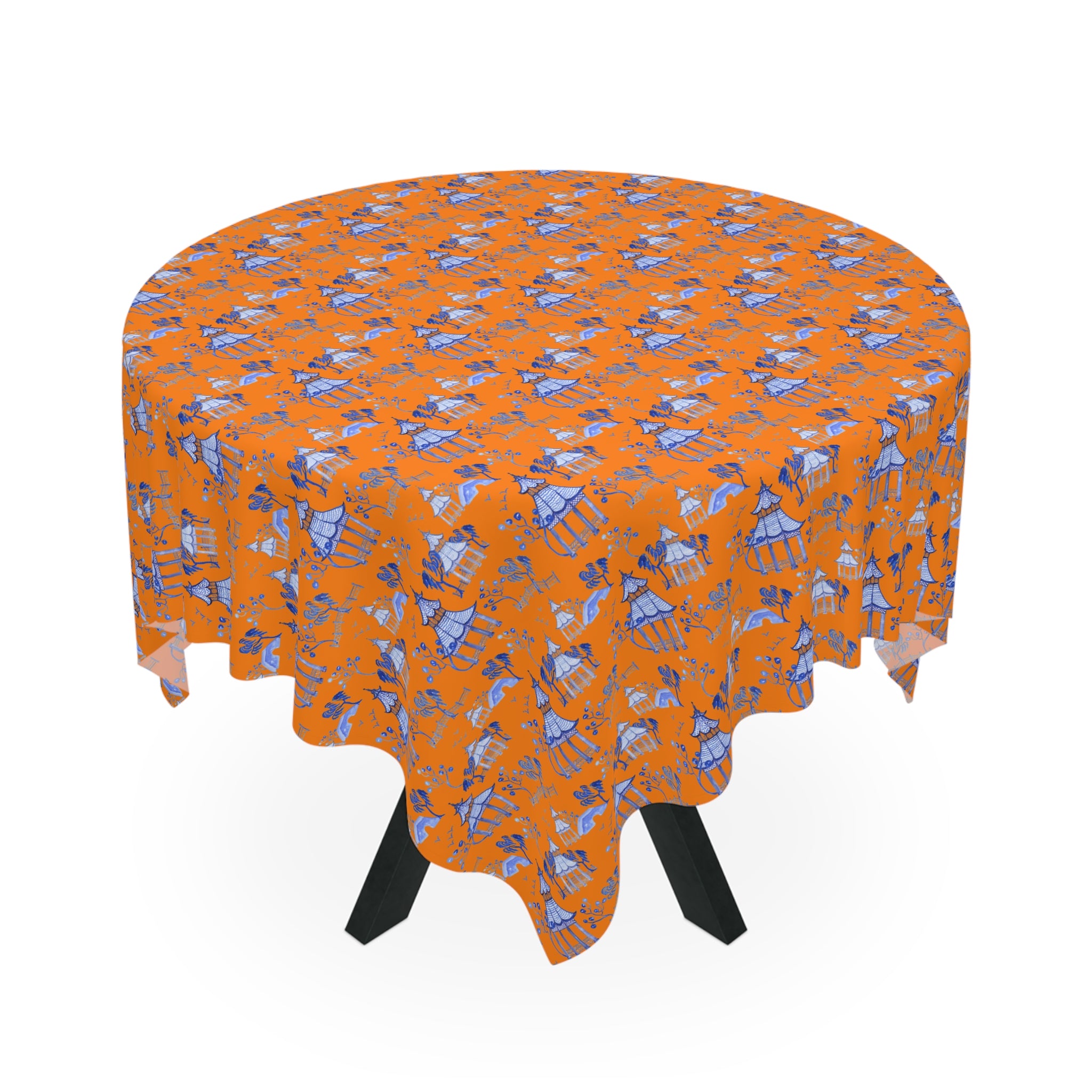 Blue on Orange Pagoda on Orange Tablecloth, Grandmillennial Table Cover, Hostess Gift