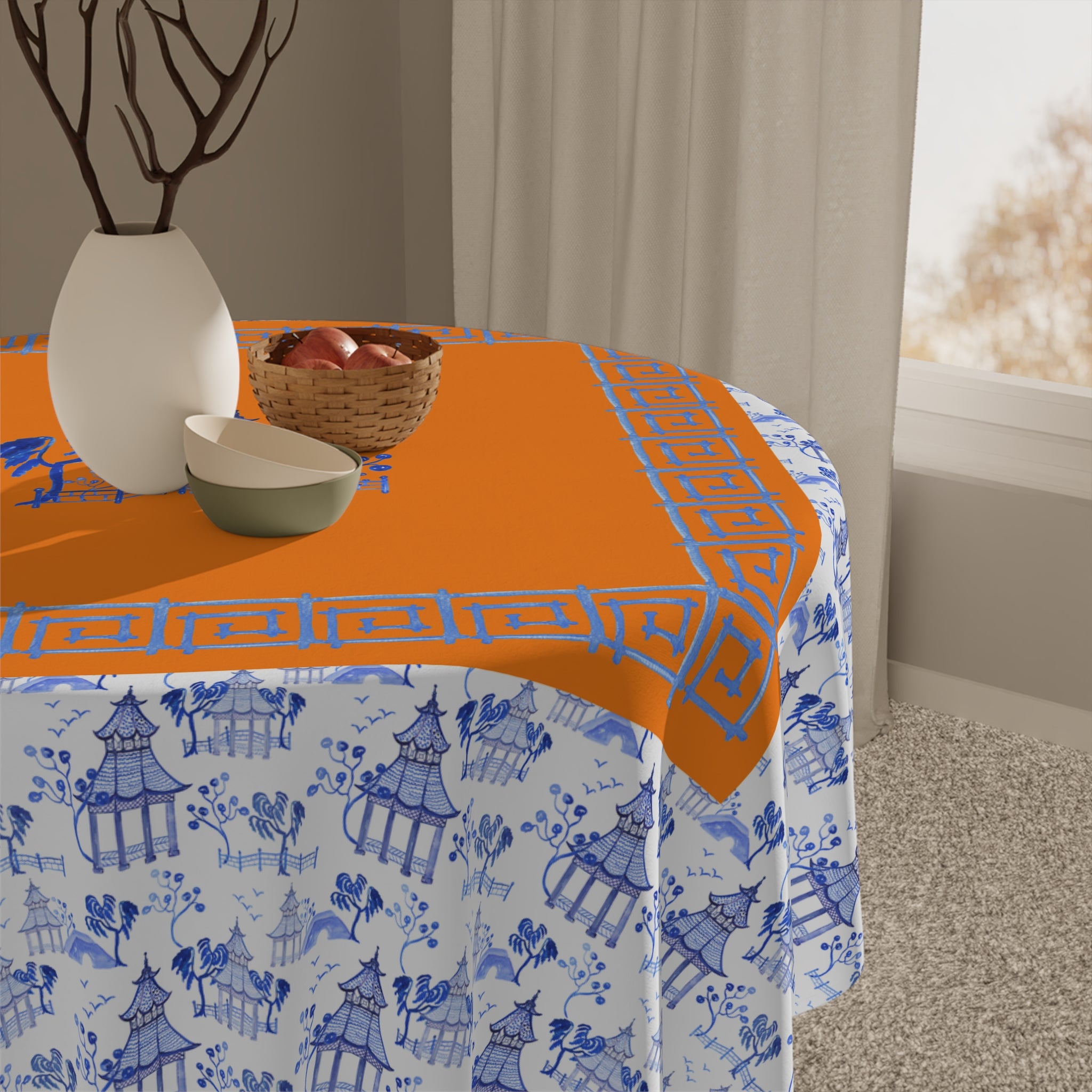 Blue Pagoda Tablecloth, Grandmillennial Table Cover, Hostess Gift