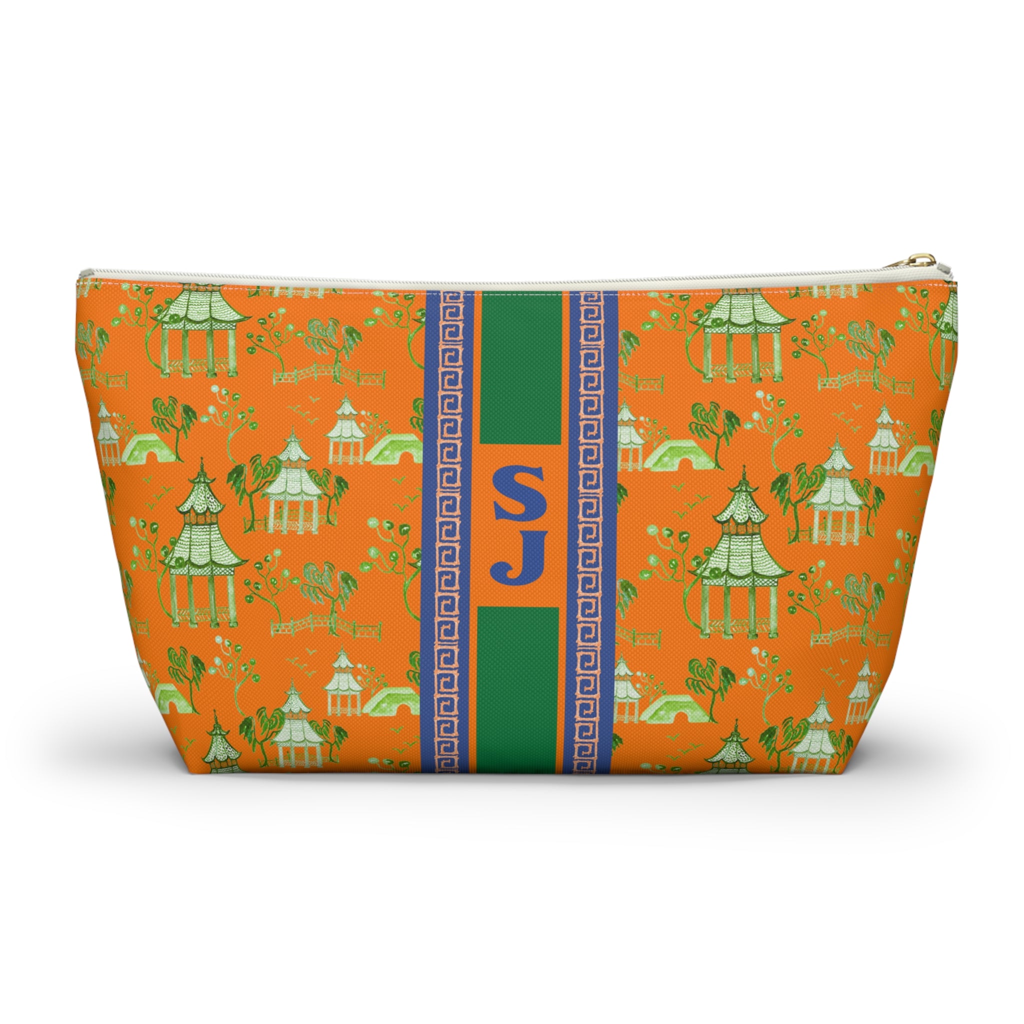 Monogrammed Mahjong Tile Bag: Chinoiserie Travel Pouch, Blue Pagoda On Orange, Small and Large