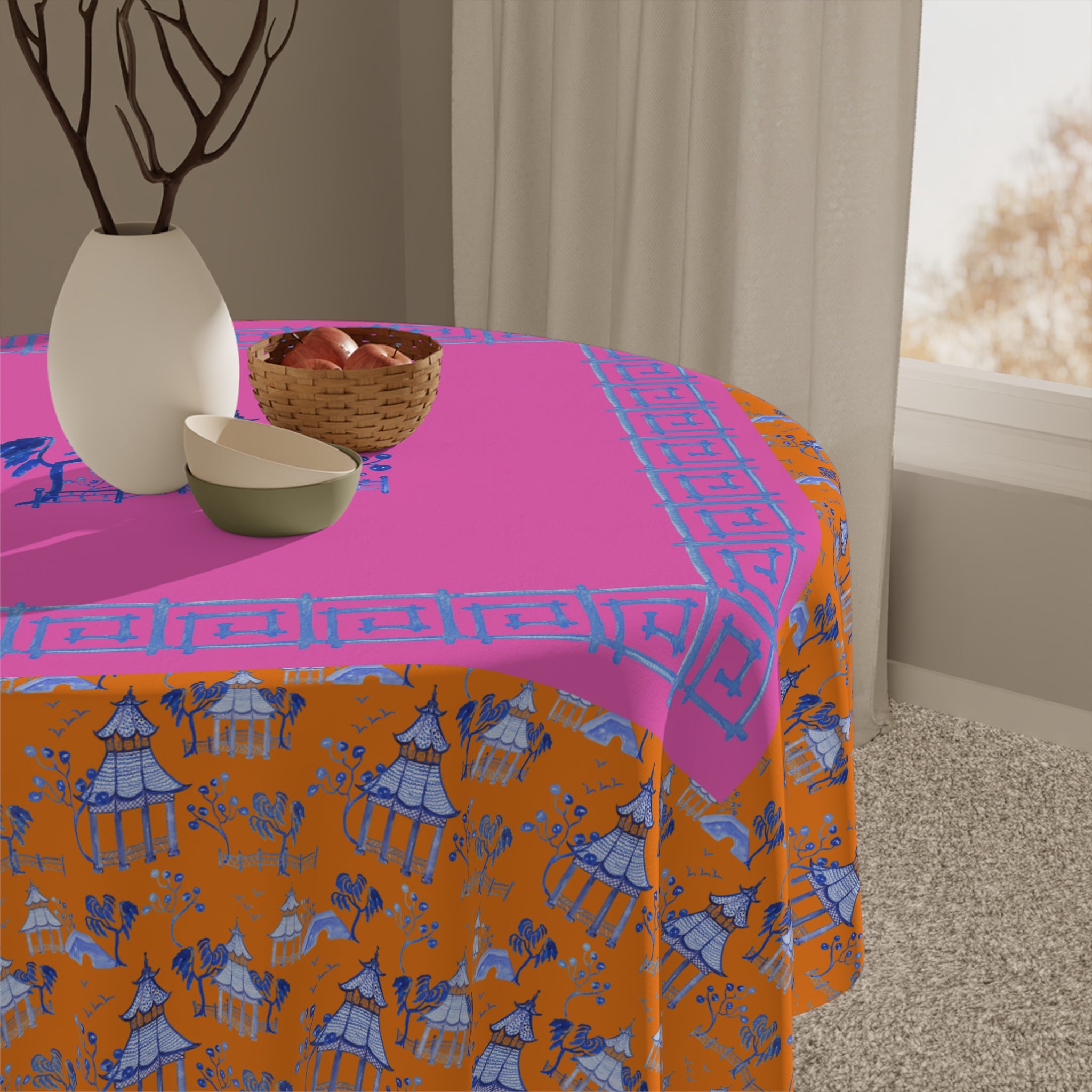 Blue Pagoda on Orange Tablecloth, Grandmillennial Table Cover, Hostess Gift