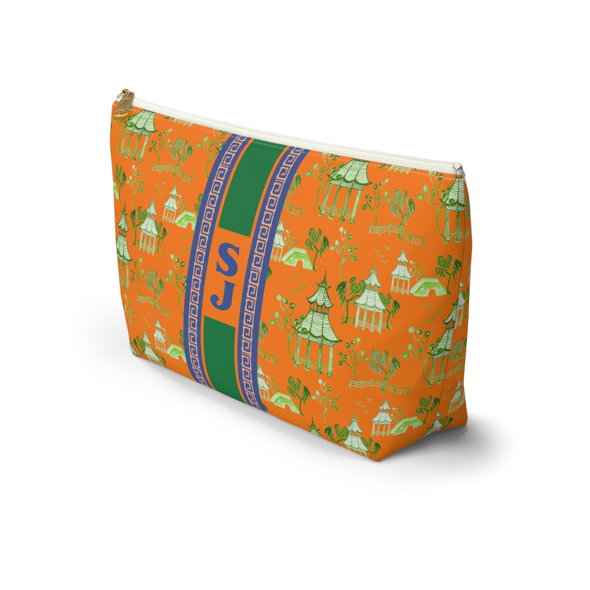 Monogrammed Mahjong Tile Bag: Chinoiserie Travel Pouch, Blue Pagoda On Orange, Small and Large