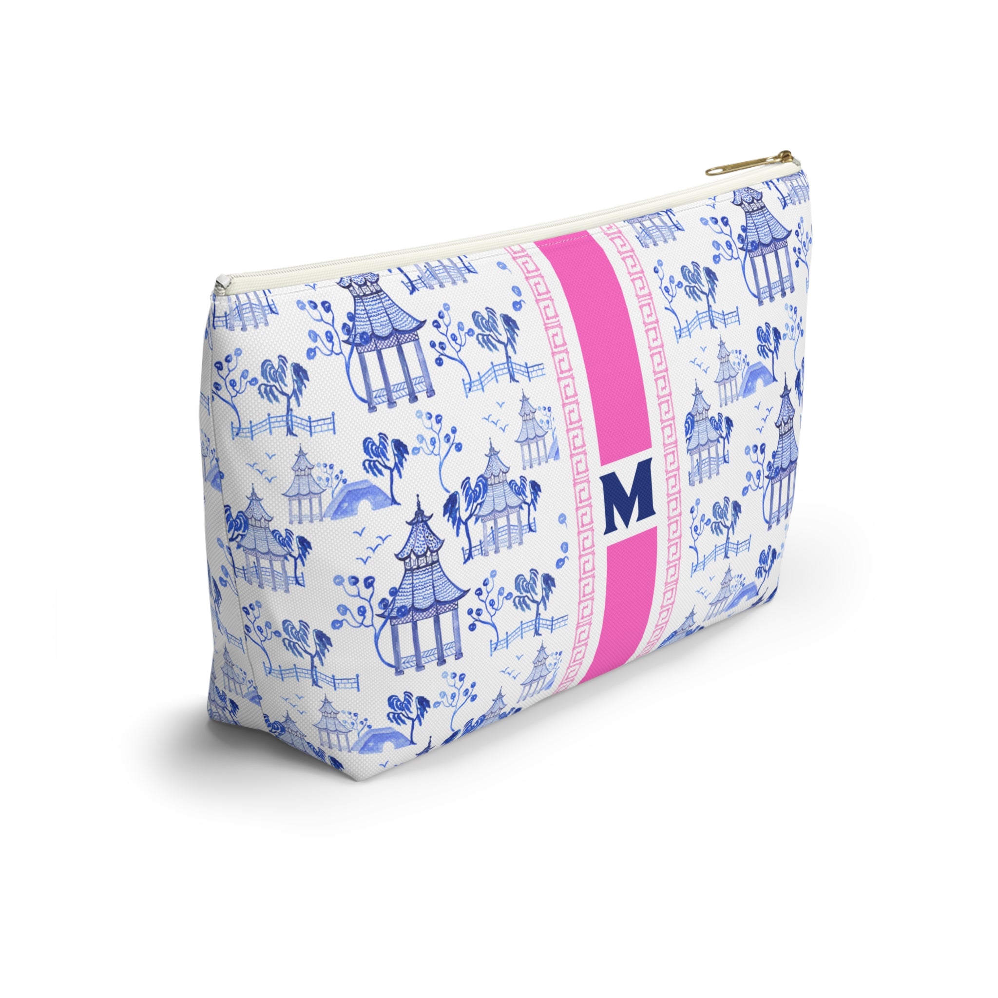 Monogrammed Mahjong Tile Bag: Chinoiserie Travel Pouch, Blue Pagoda, Small and Large