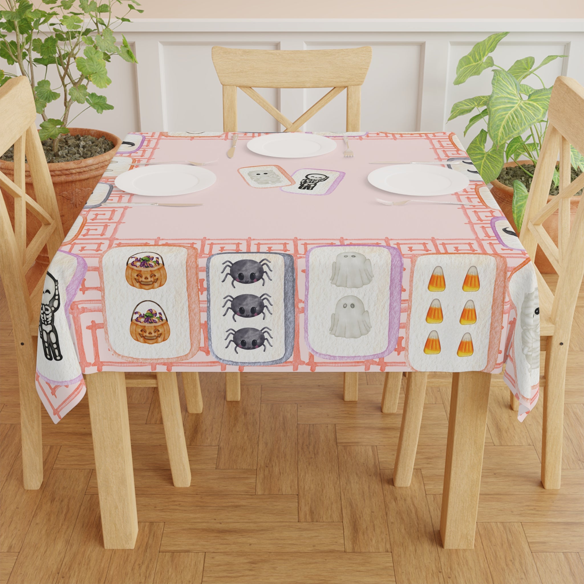 Halloween MAHJONG Tiles Tablecloth, 55 x 55, Hostess Gift, Bat, Pumpkin, Mummy, Skeleton, Ghost, Spider, Witch Hat, Handpainted Tiles