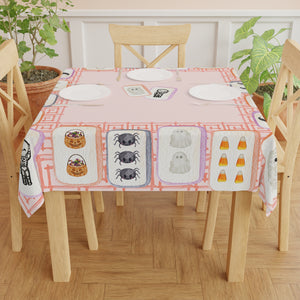 Halloween MAHJONG Tiles Tablecloth, 55 x 55, Hostess Gift, Bat, Pumpkin, Mummy, Skeleton, Ghost, Spider, Witch Hat, Handpainted Tiles