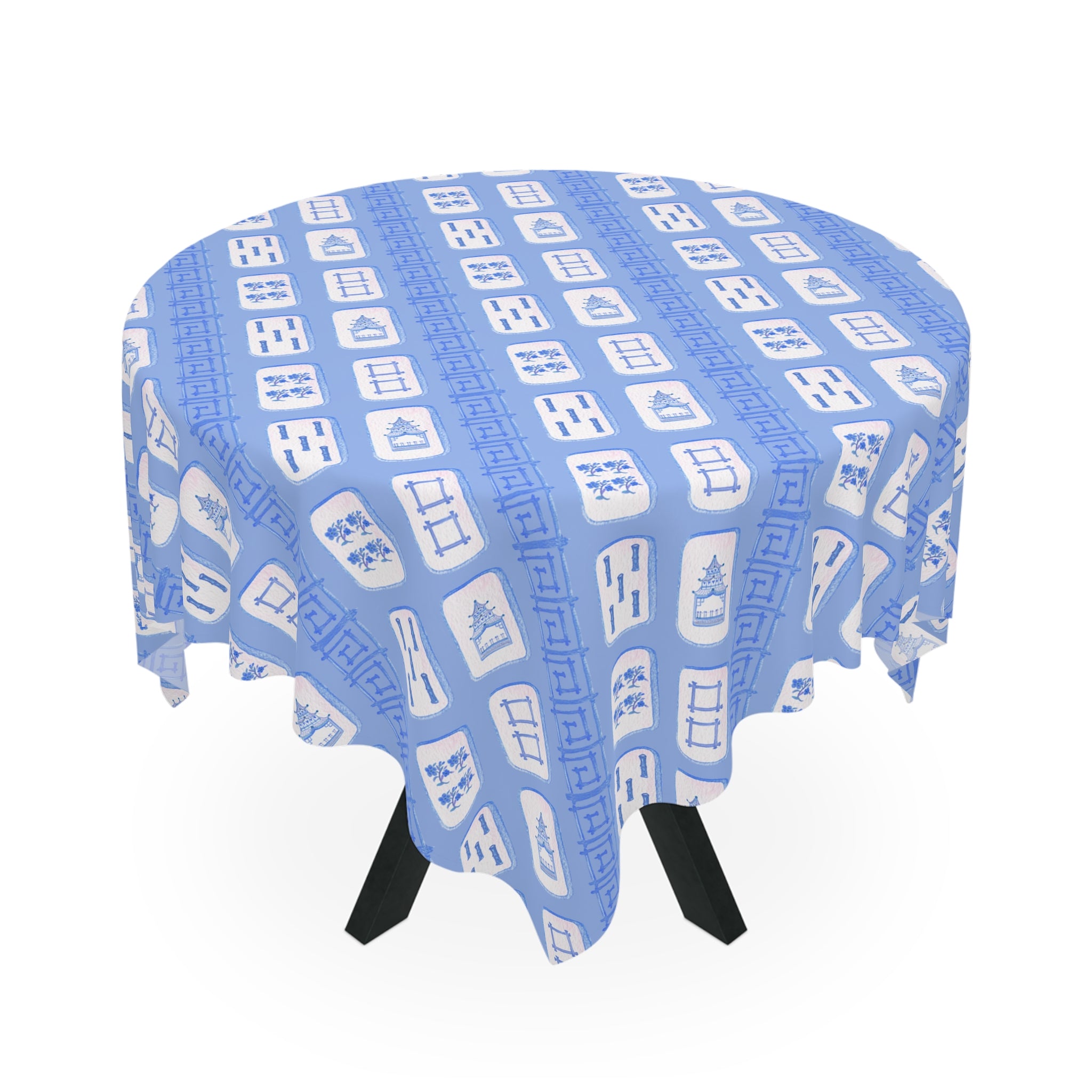 Blue Chinoiserie Mahjong Tile Tablecloth, Grandmillennial Table Cover, Hostess Gift, Game Night, West Palm Beach Style, Preppy Bamboo