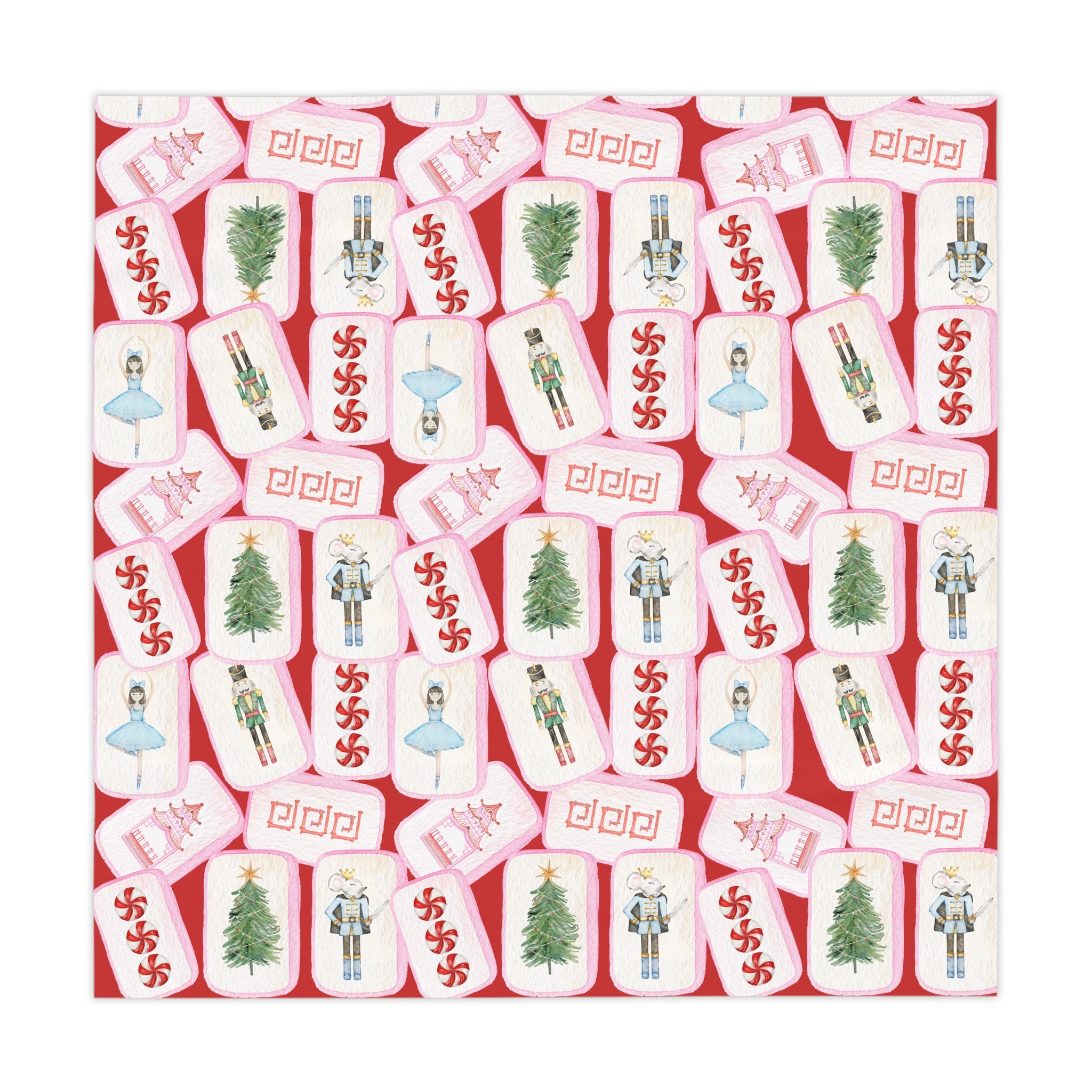 Christmas MAHJONG Tiles Tablecloth, Size 55 x 55, Nutcracker Theme, Hostess Gift, Mahj Prize, Red Holiday Table Cover with Christmas Trees