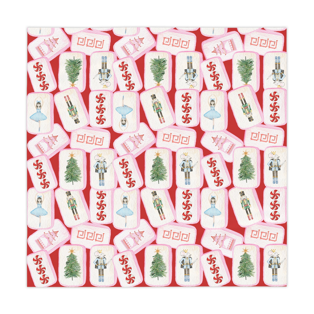 Christmas MAHJONG Tiles Tablecloth, Size 55 x 55, Nutcracker Theme, Hostess Gift, Mahj Prize, Red Holiday Table Cover with Christmas Trees